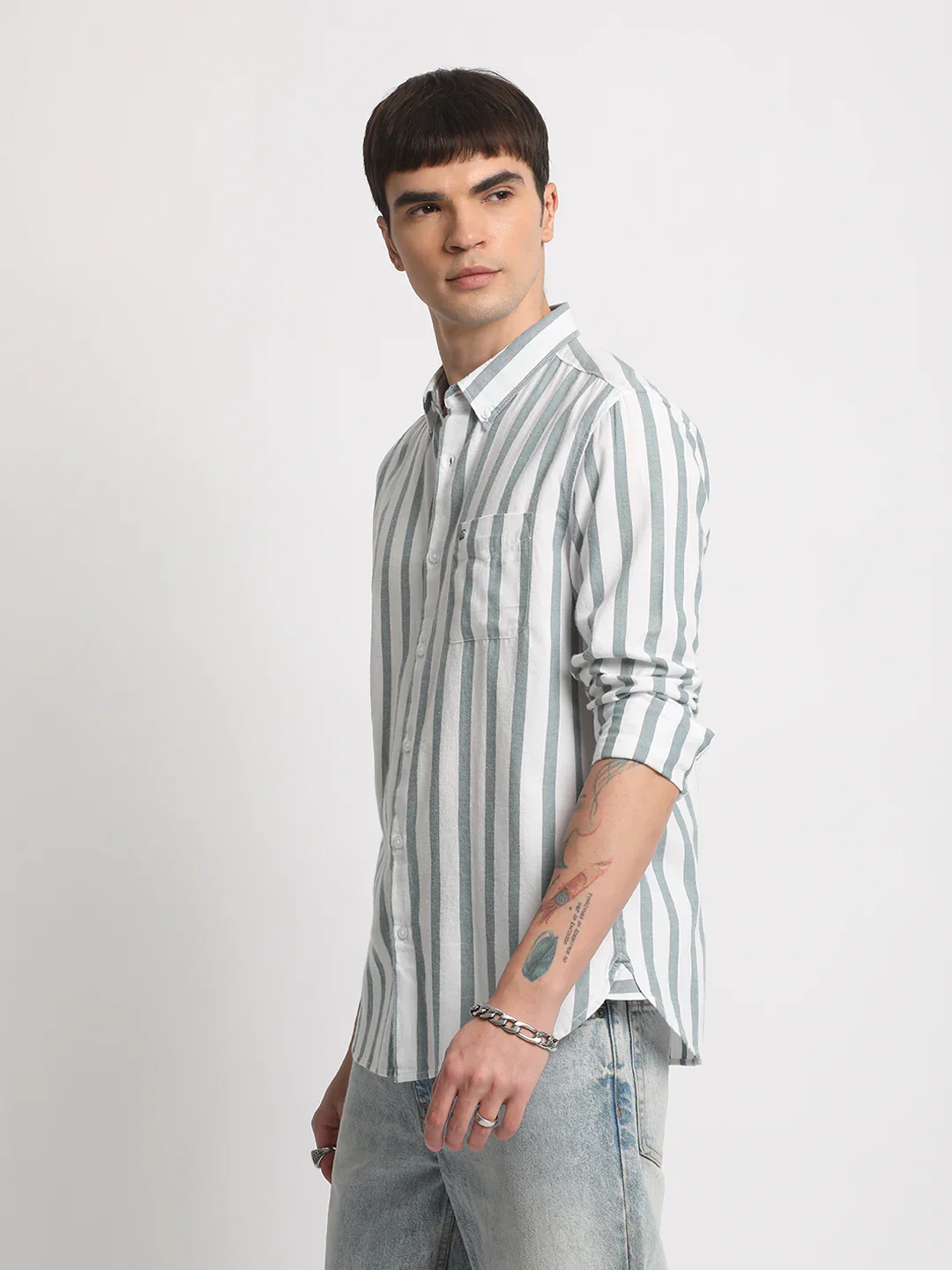 Men White Striped Slim Fit Casual Shirt - Image 4