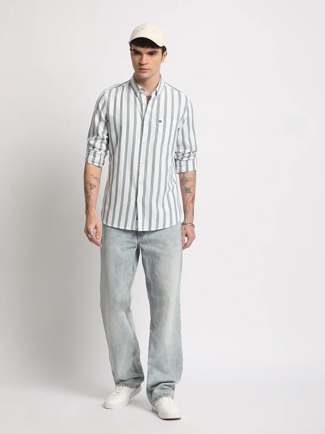 Men White Striped Slim Fit Casual Shirt - Image 5