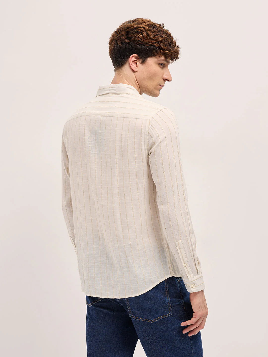 Men White Striped Slim Fit Casual Shirt - Image 2