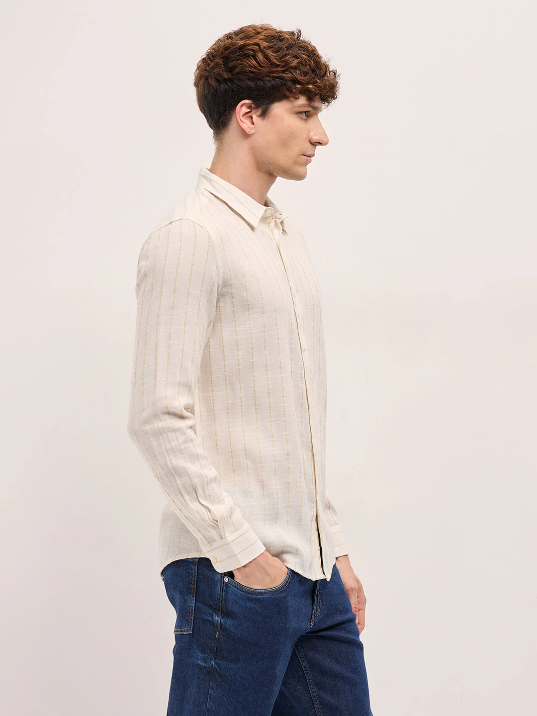 Men White Striped Slim Fit Casual Shirt - Image 3