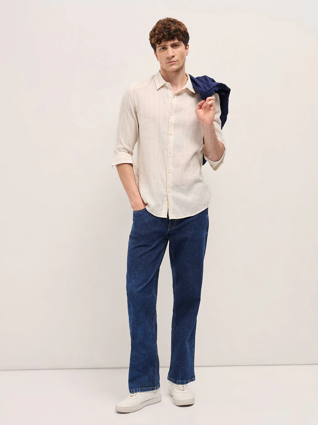 Men White Striped Slim Fit Casual Shirt - Image 4