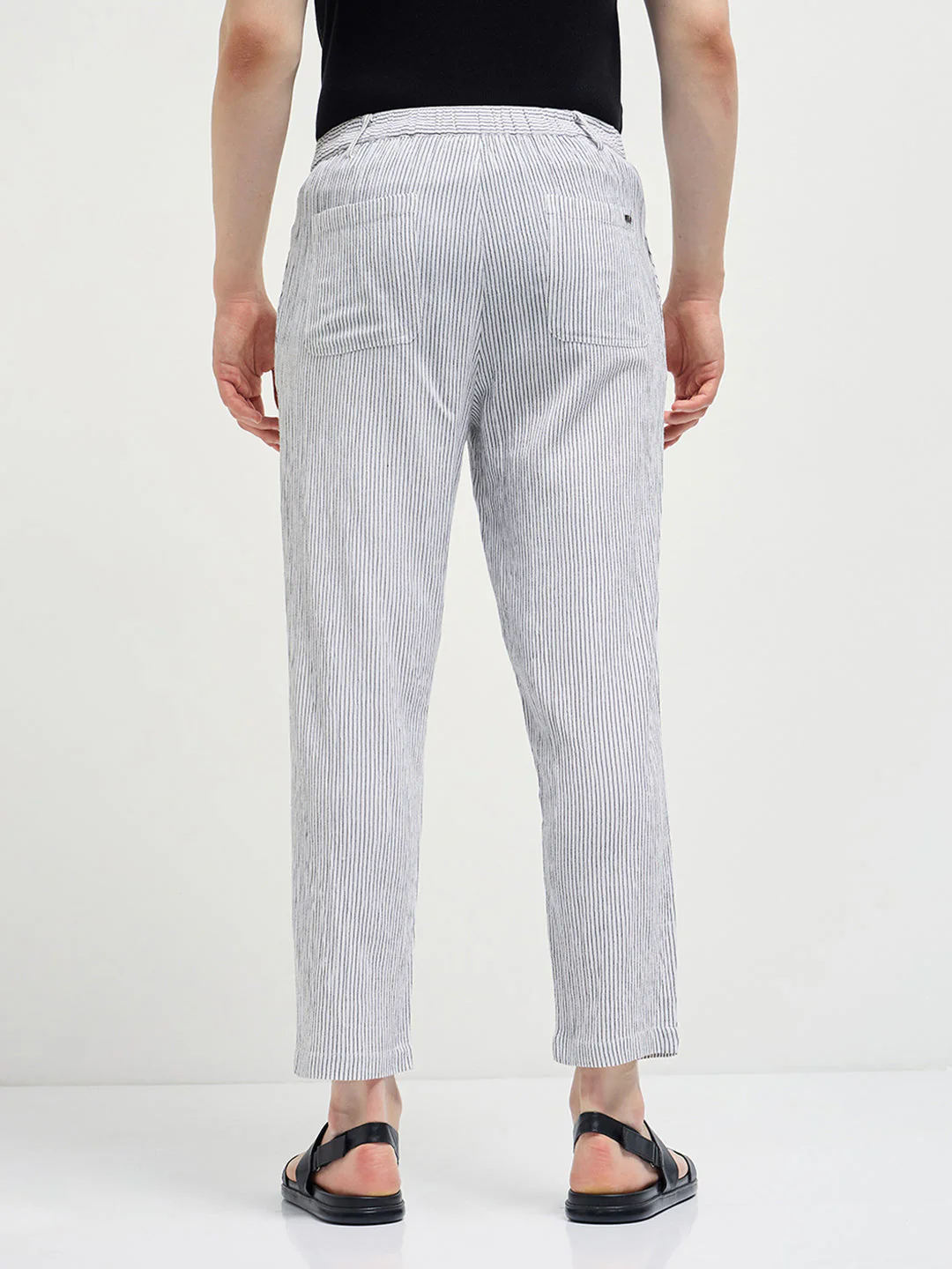 Men White Striped Slim Fit Casual Trousers - Image 2