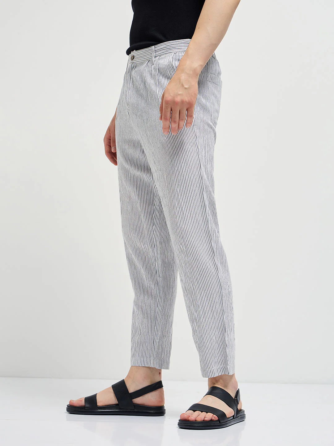 Men White Striped Slim Fit Casual Trousers - Image 3