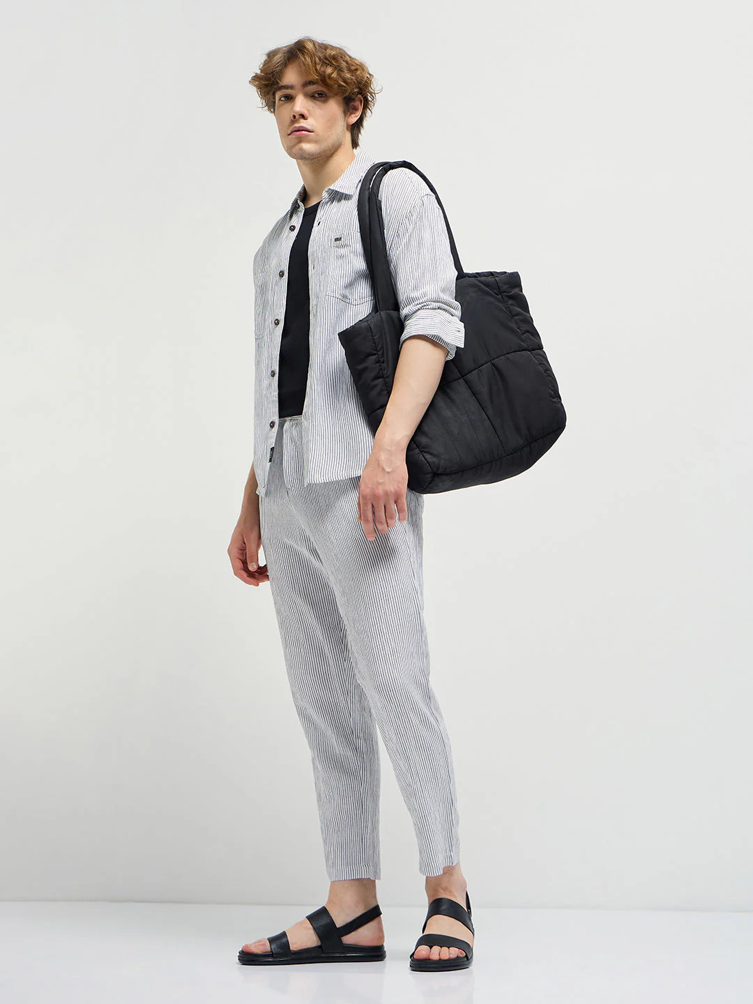 Men White Striped Slim Fit Casual Trousers - Image 4