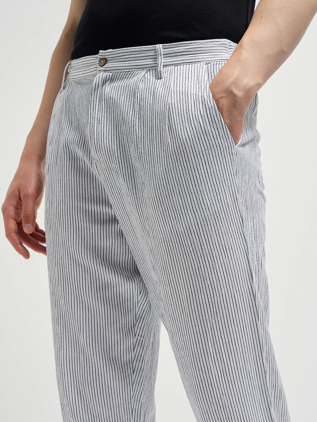 Men White Striped Slim Fit Casual Trousers - Image 5