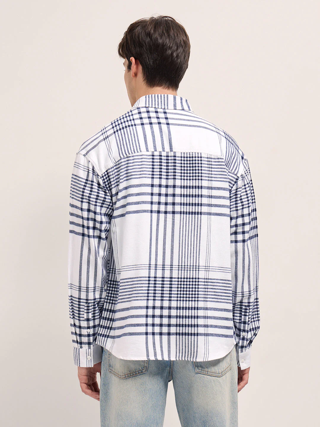 Men White Tartan Checked Design Relaxed Fit Overshirt - Image 2