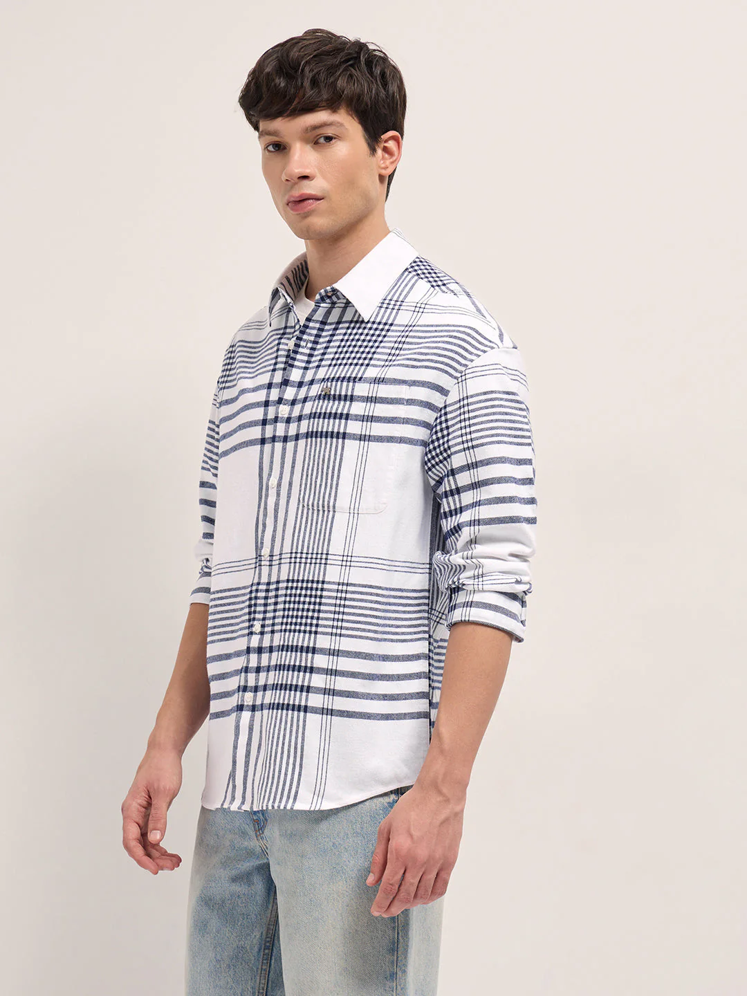 Men White Tartan Checked Design Relaxed Fit Overshirt - Image 3