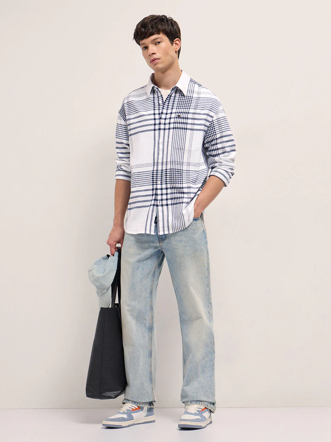 Men White Tartan Checked Design Relaxed Fit Overshirt - Image 4