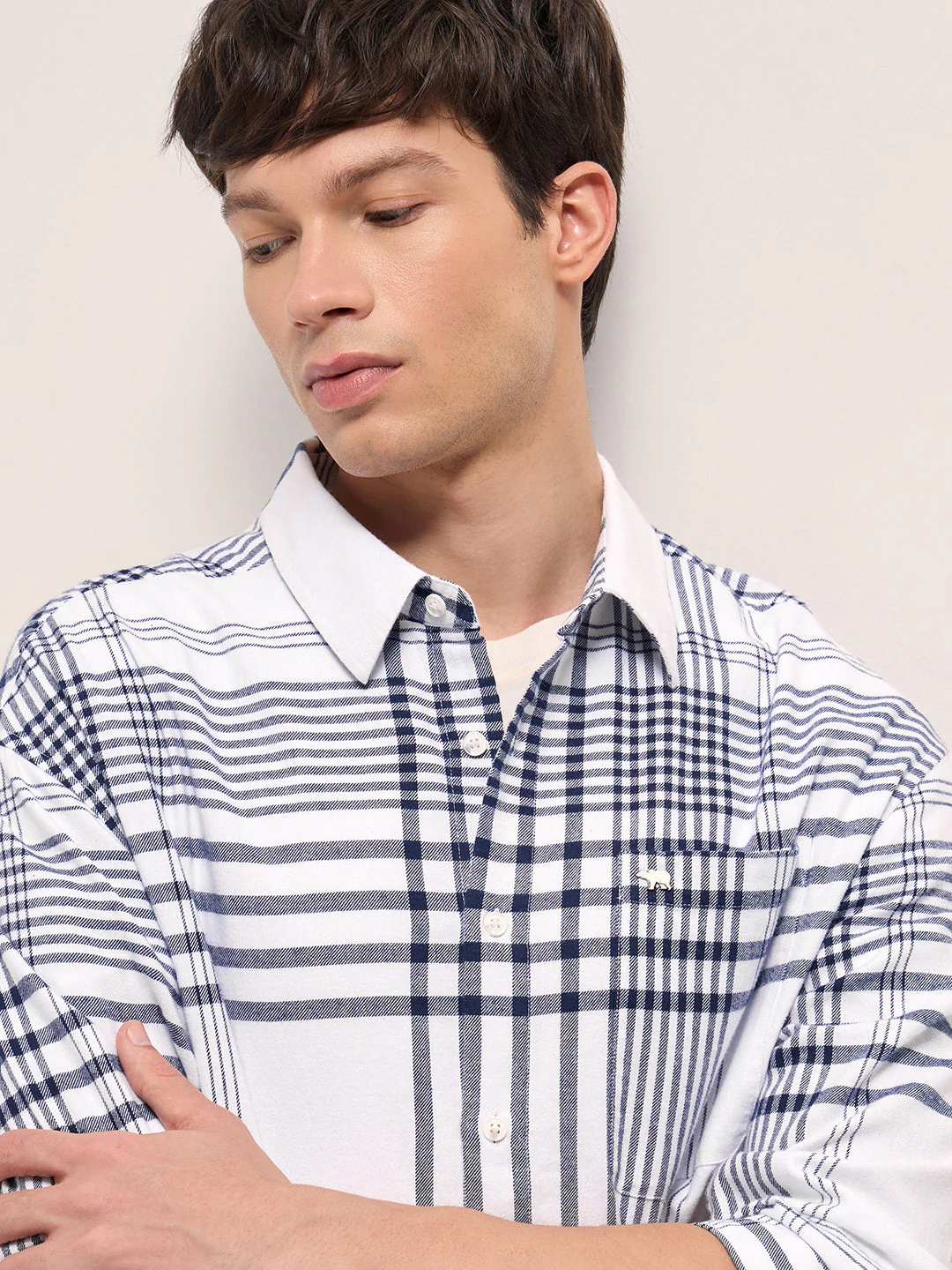 Men White Tartan Checked Design Relaxed Fit Overshirt - Image 5