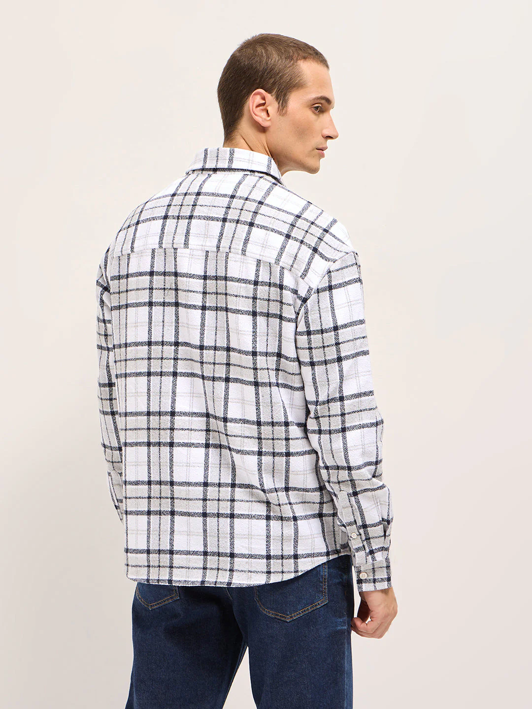 Men White Tartan Checked Design Relaxed Fit Overshirt - Image 2