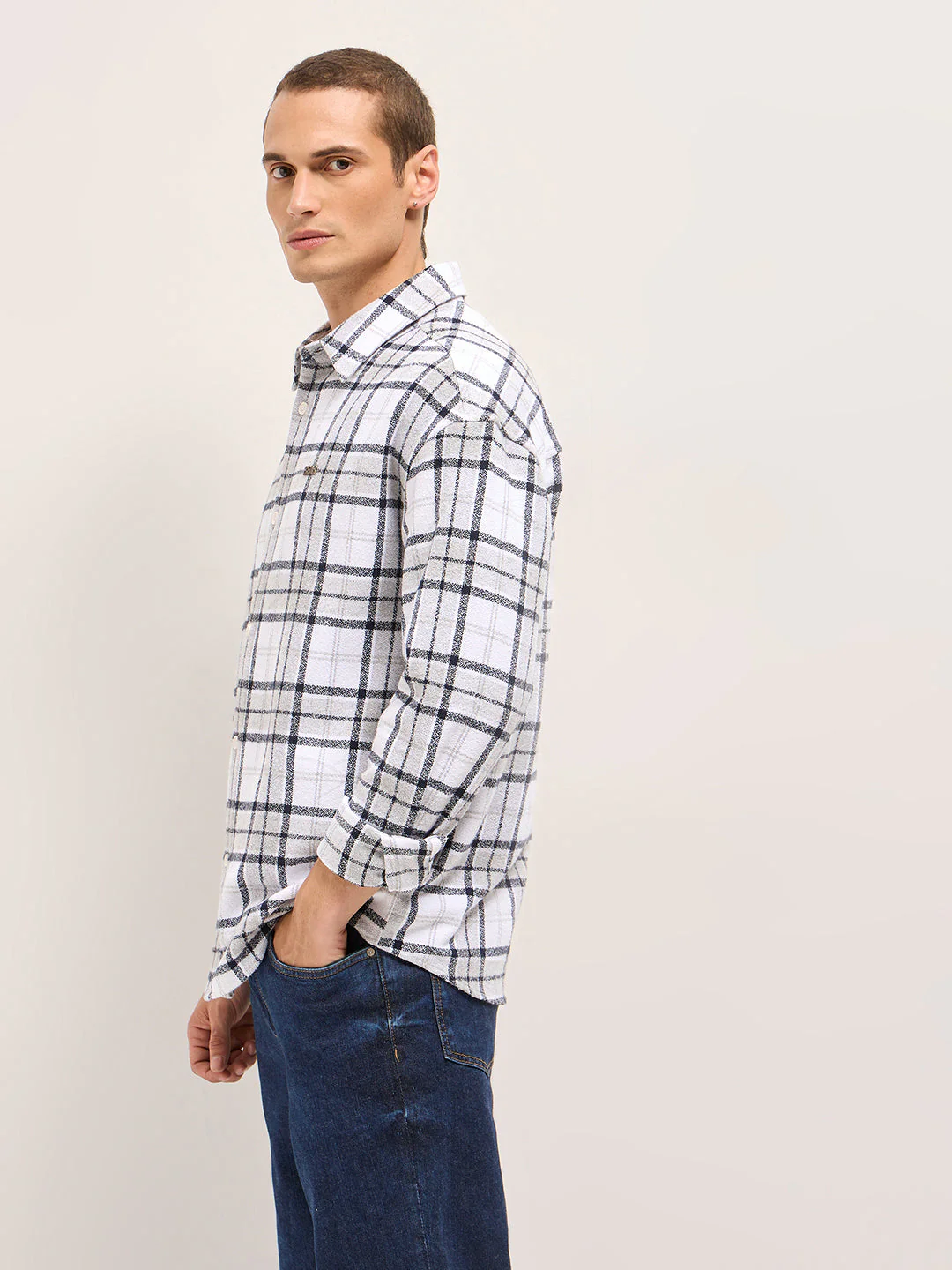 Men White Tartan Checked Design Relaxed Fit Overshirt - Image 3