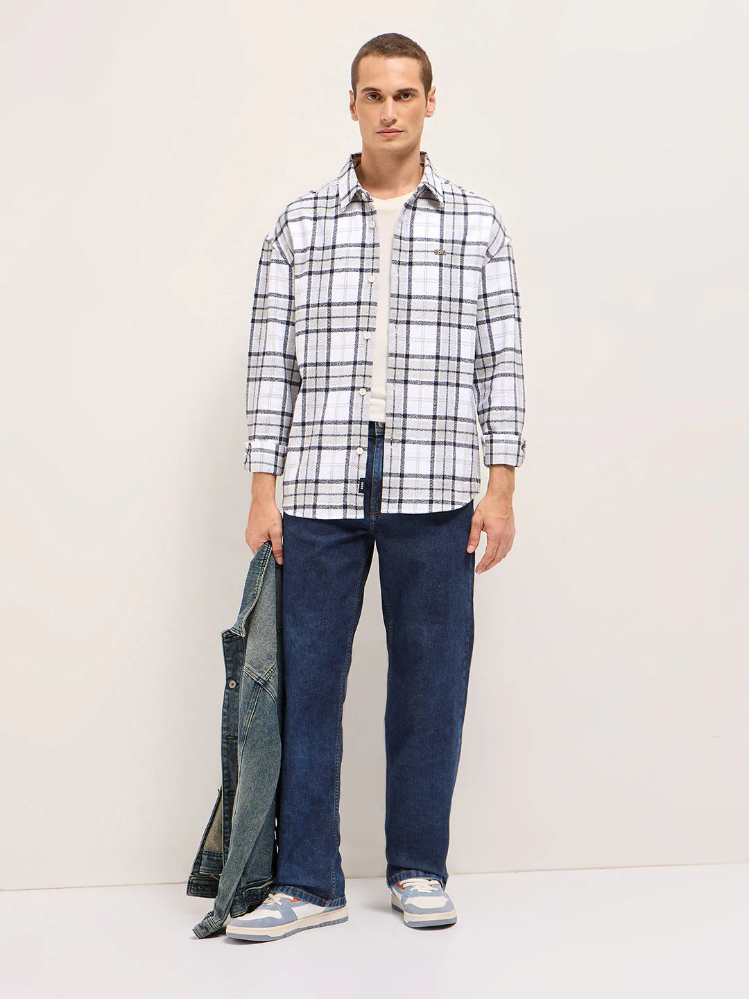Men White Tartan Checked Design Relaxed Fit Overshirt - Image 4