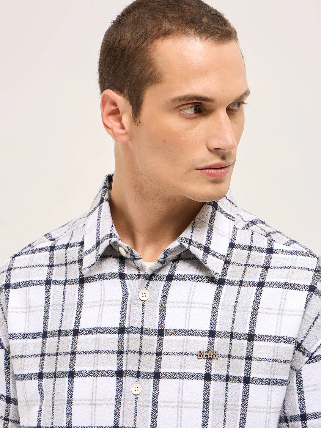 Men White Tartan Checked Design Relaxed Fit Overshirt - Image 5