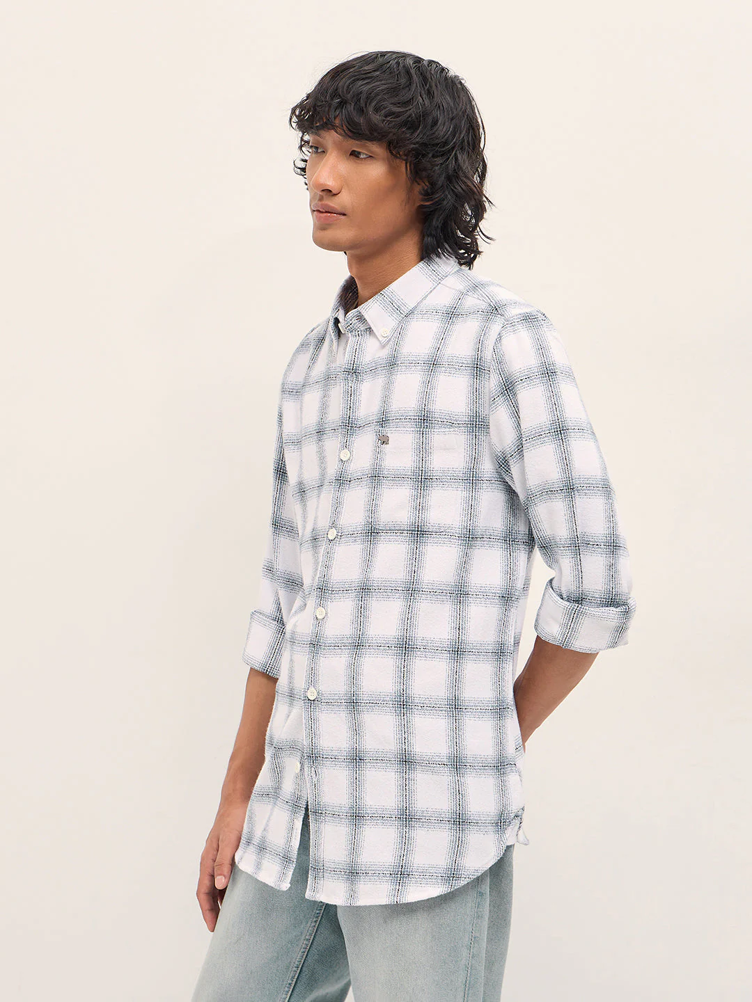 Men White Tartan Checked Flannel Slim Fit Casual Shirt - Image 3