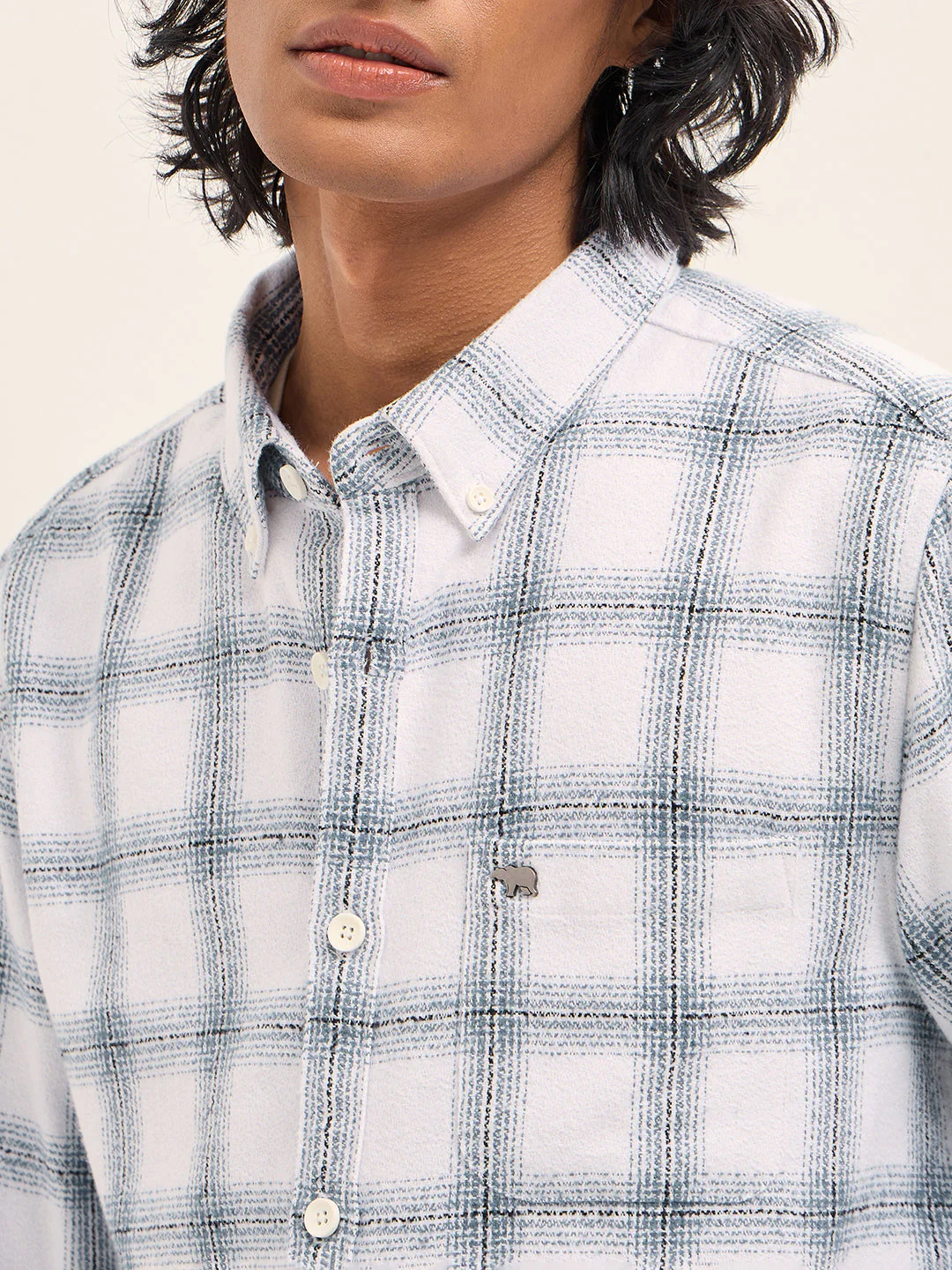 Men White Tartan Checked Flannel Slim Fit Casual Shirt - Image 5