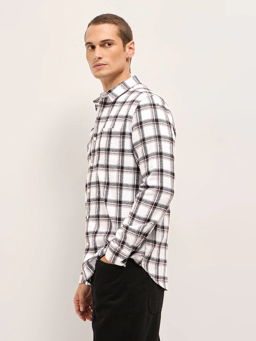 Men White Tartan Checked Flannel Slim Fit Casual Shirt - Image 3