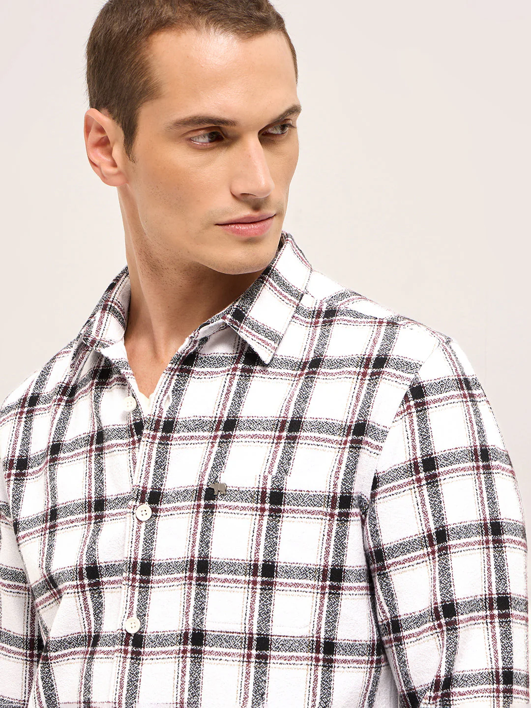 Men White Tartan Checked Flannel Slim Fit Casual Shirt - Image 5
