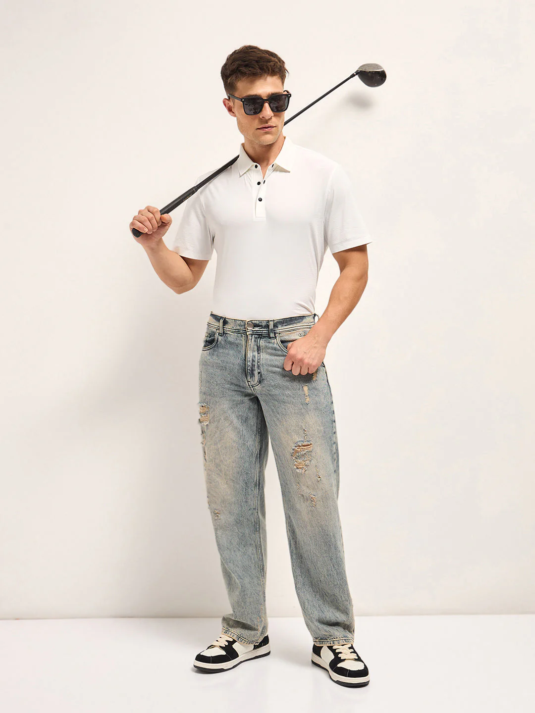 Men White Texture Slim Fit Polo T-shirt - Image 4