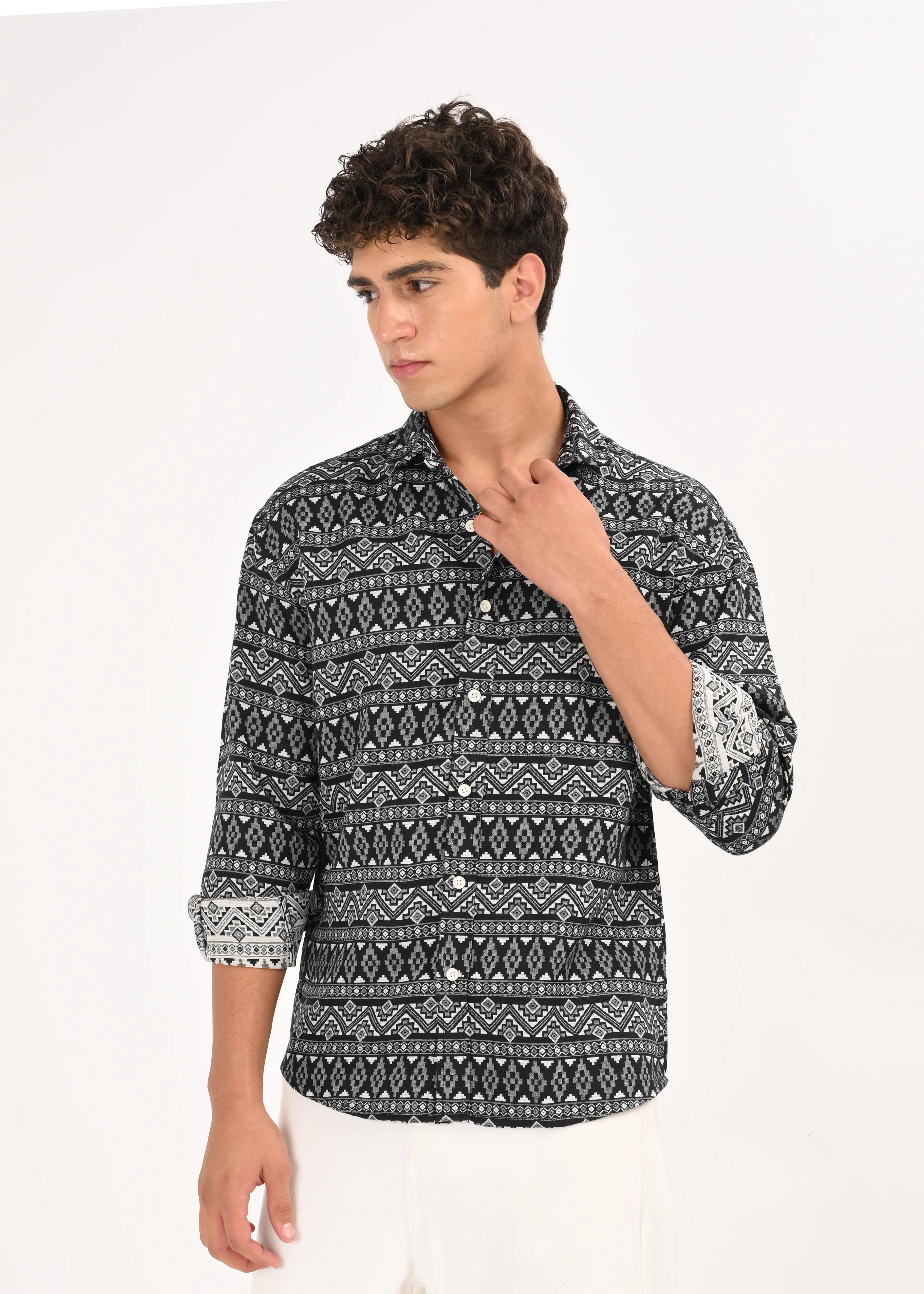 Men White Textured Jacquard Tribal Shirt - Image 2