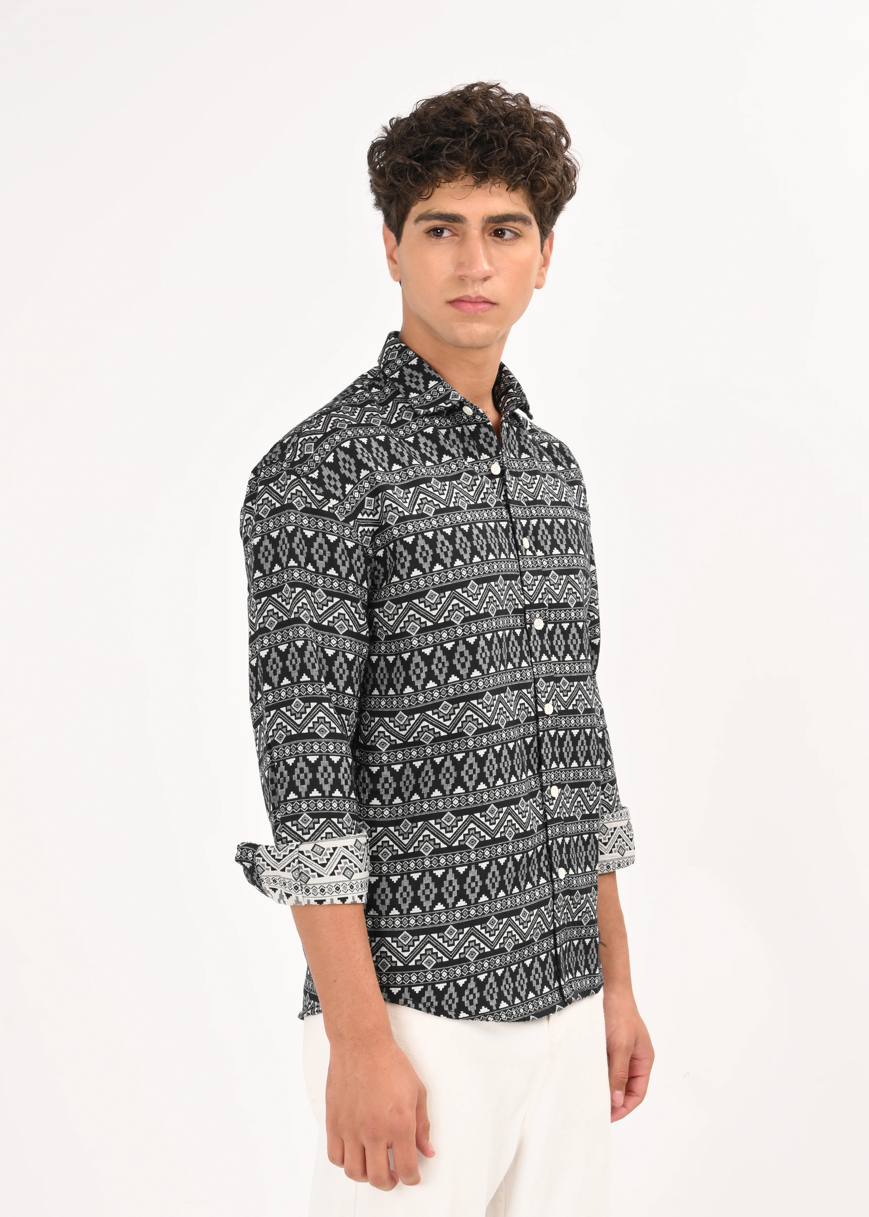Men White Textured Jacquard Tribal Shirt - Image 3