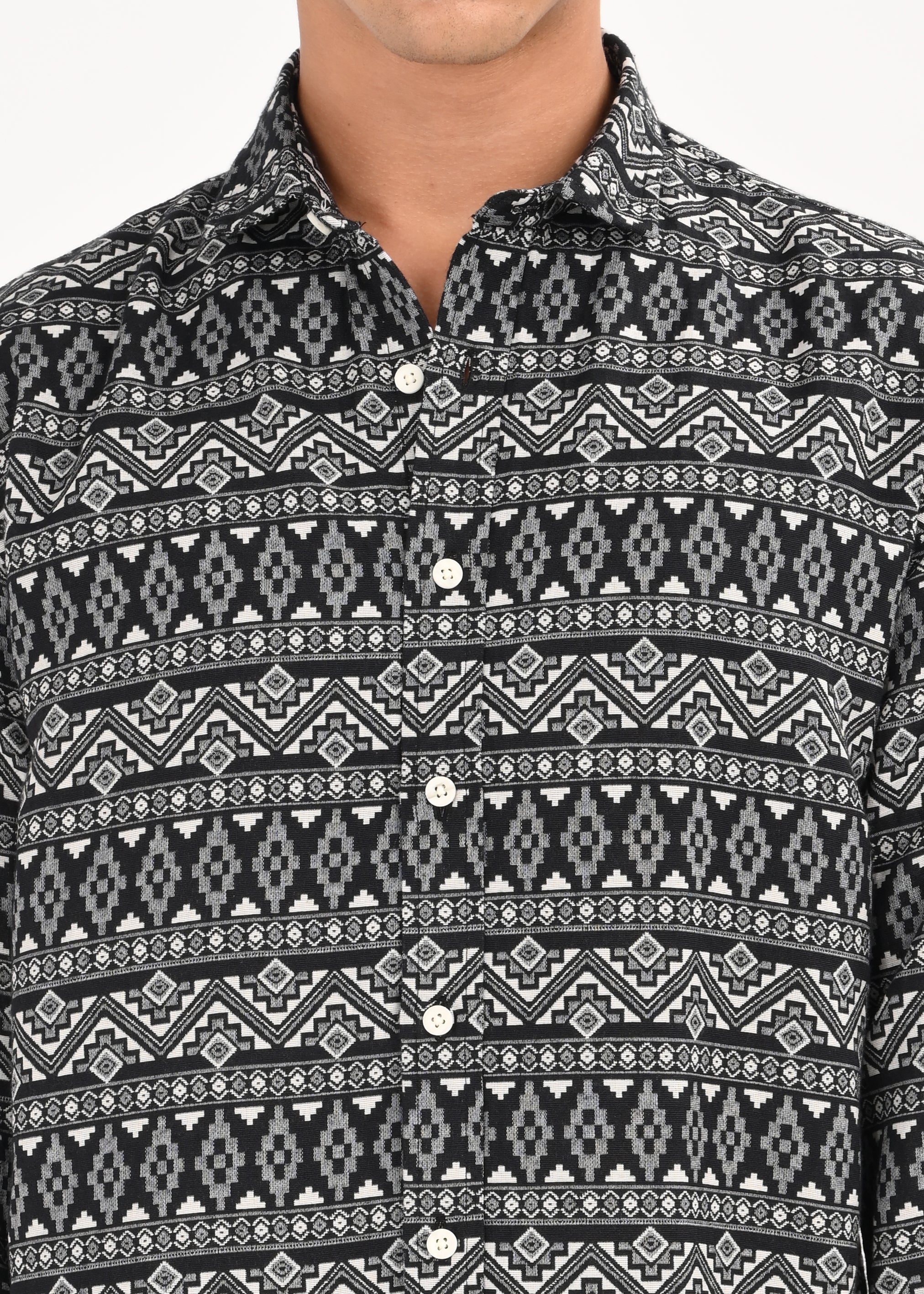 Men White Textured Jacquard Tribal Shirt - Image 4