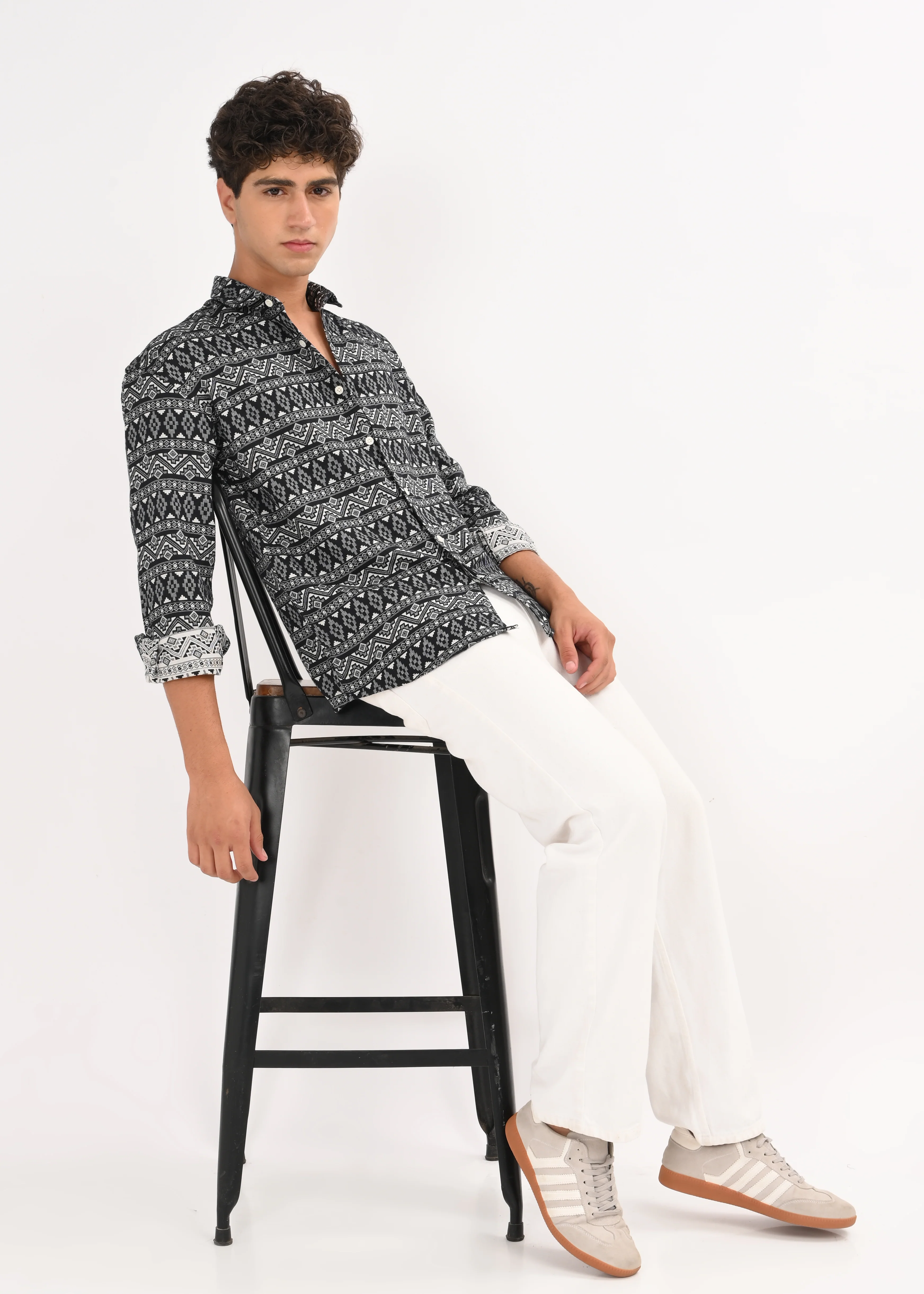 Men White Textured Jacquard Tribal Shirt - Image 5