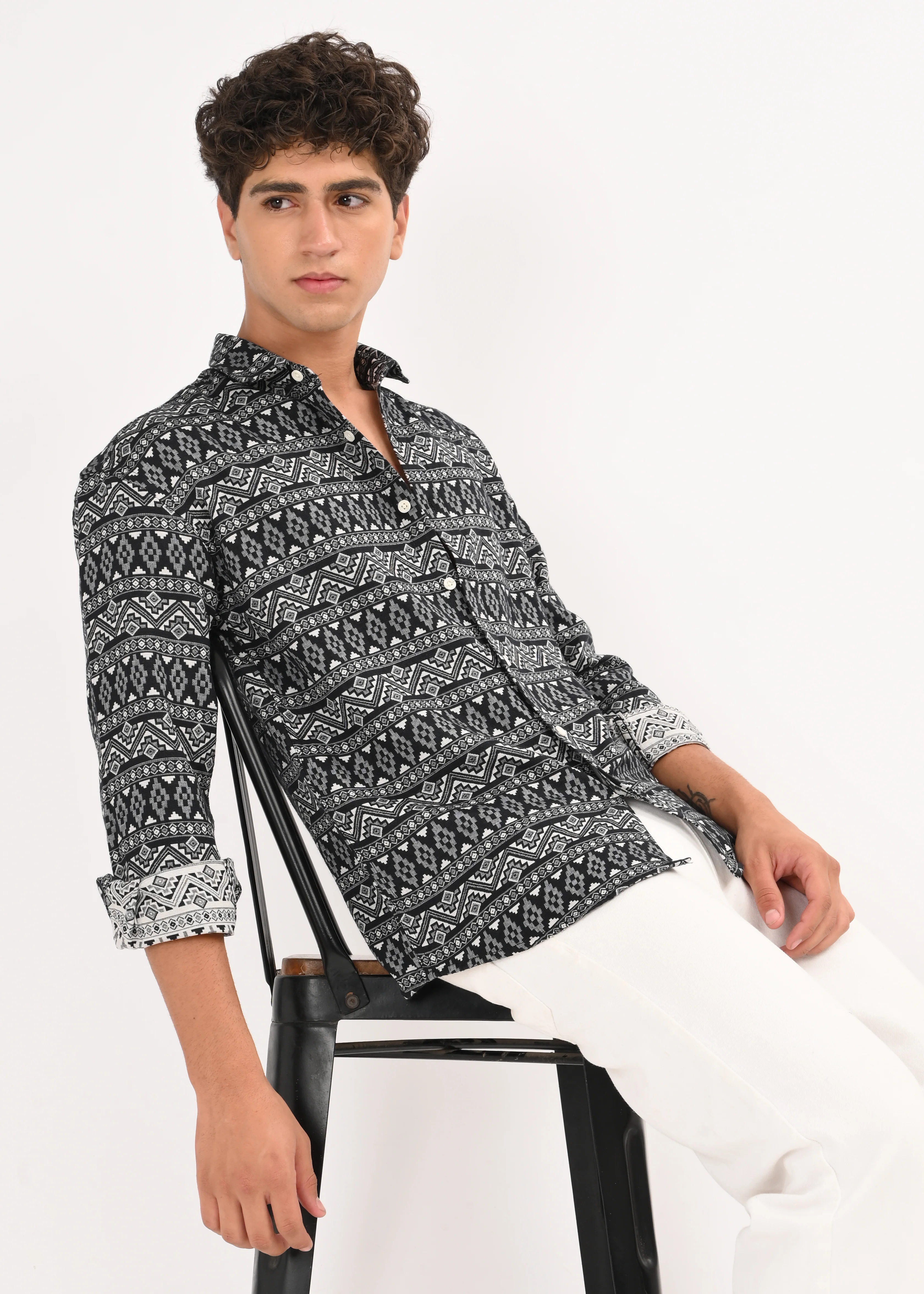 Men White Textured Jacquard Tribal Shirt - Image 6