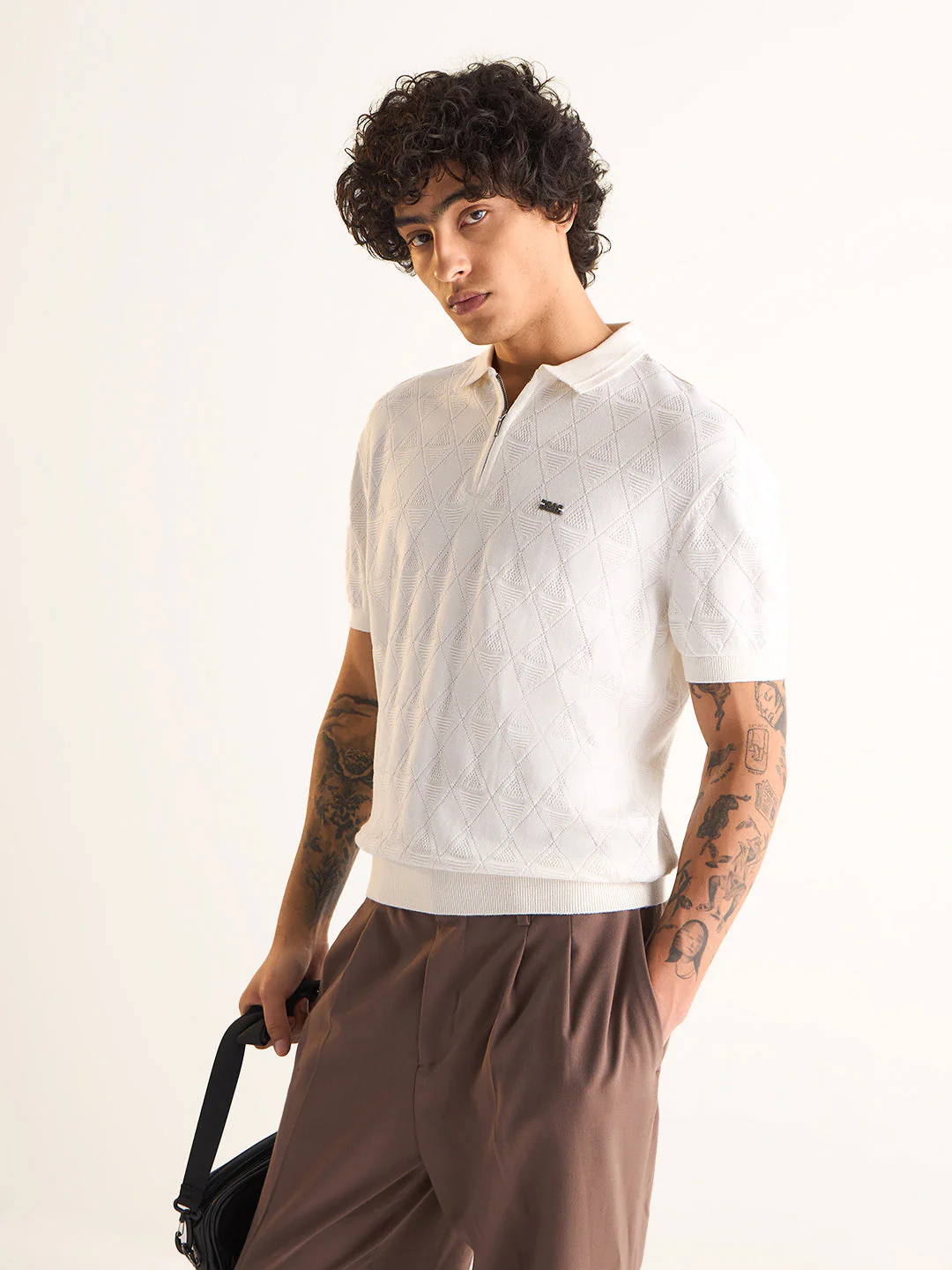 Men White Textured Knit Design Regular Fit Polo