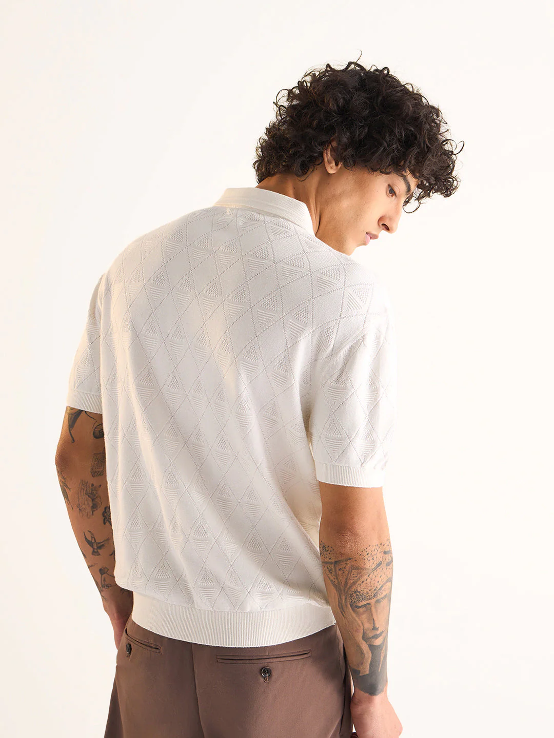 Men White Textured Knit Design Regular Fit Polo - Image 2