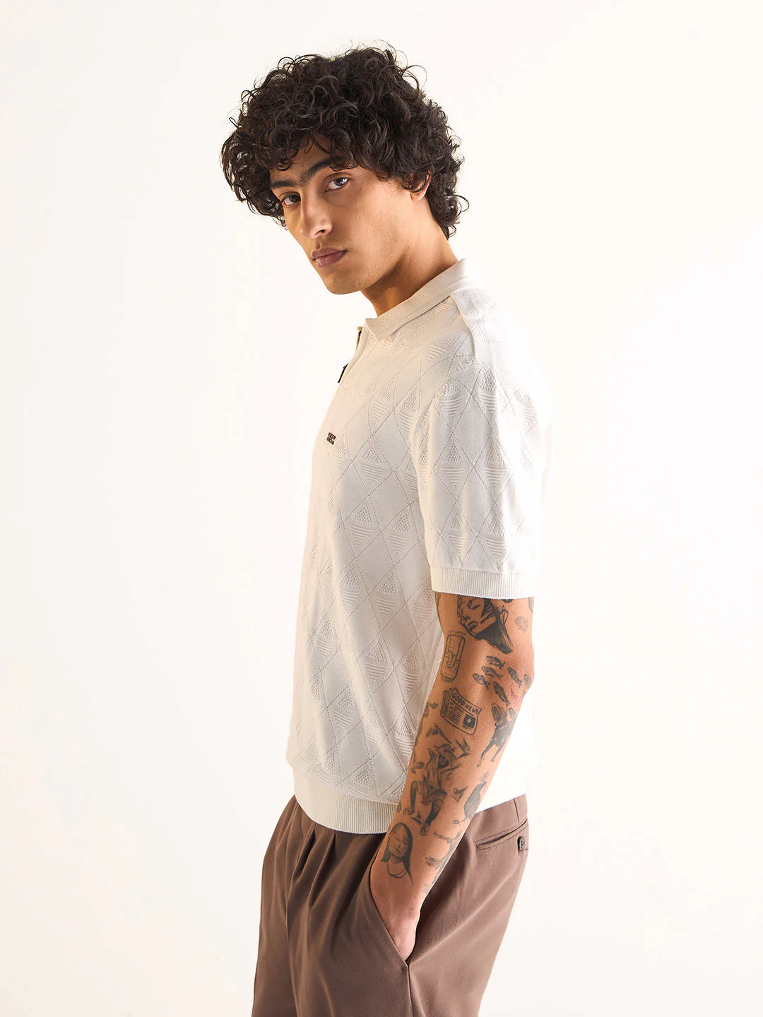Men White Textured Knit Design Regular Fit Polo - Image 3