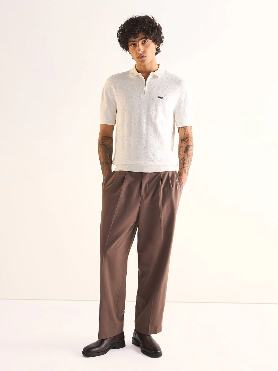 Men White Textured Knit Design Regular Fit Polo - Image 4