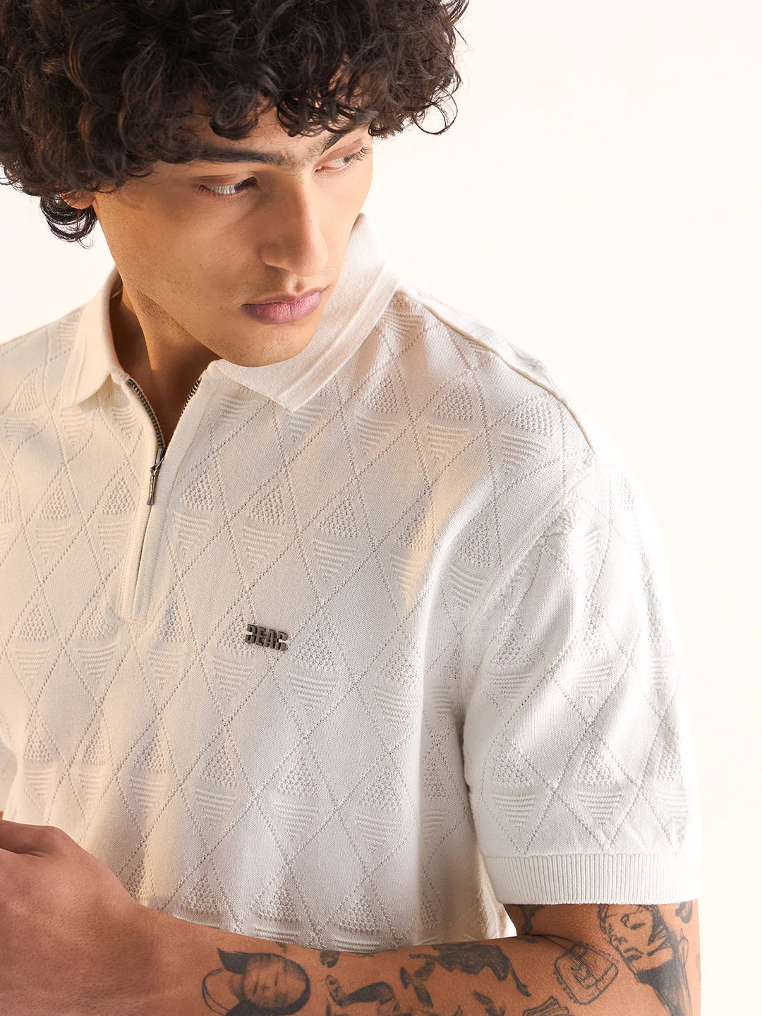 Men White Textured Knit Design Regular Fit Polo - Image 5