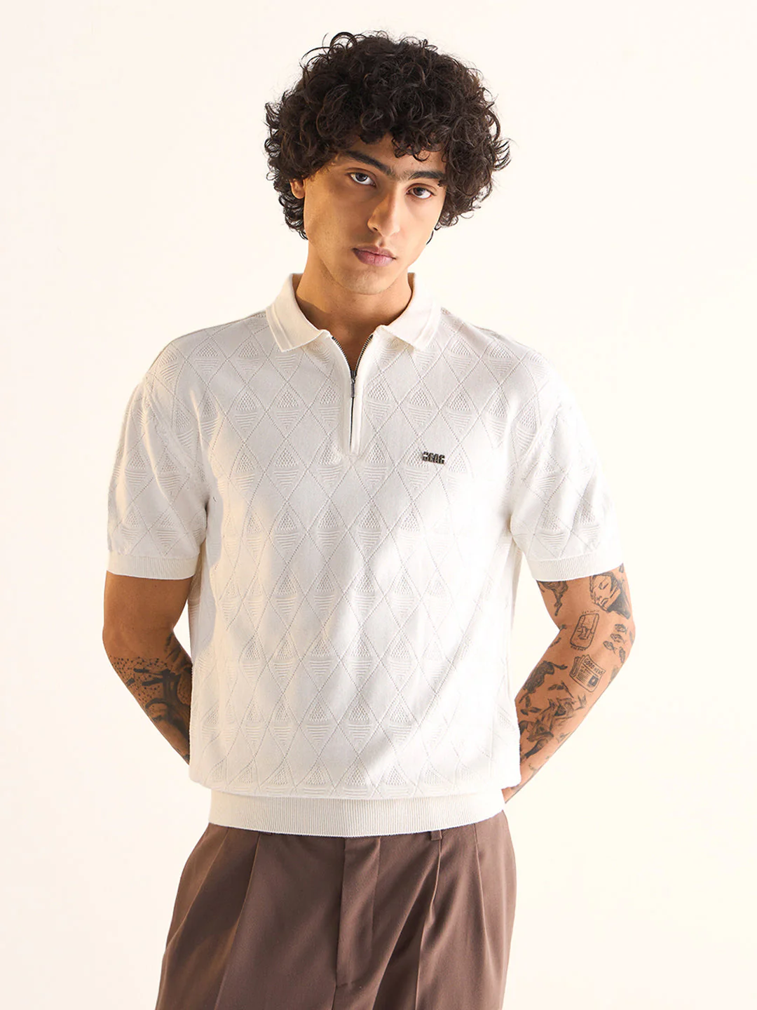 Men White Textured Knit Design Regular Fit Polo - Image 6