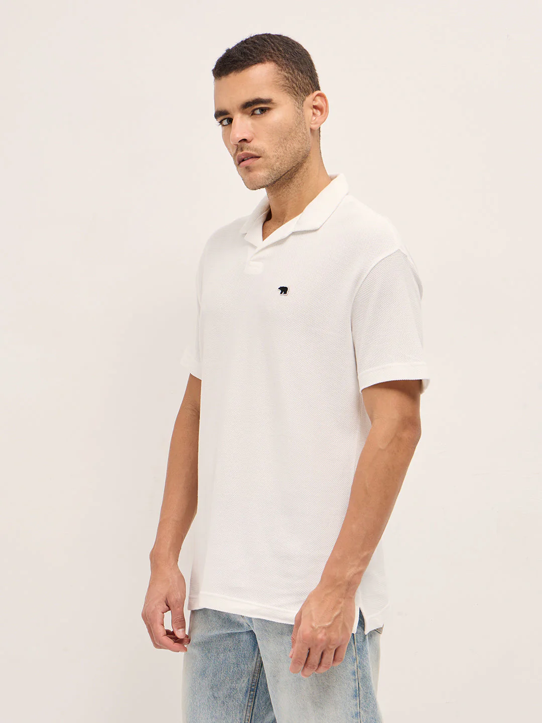 Men White Textured Knit Relax Fit Polo - Image 3