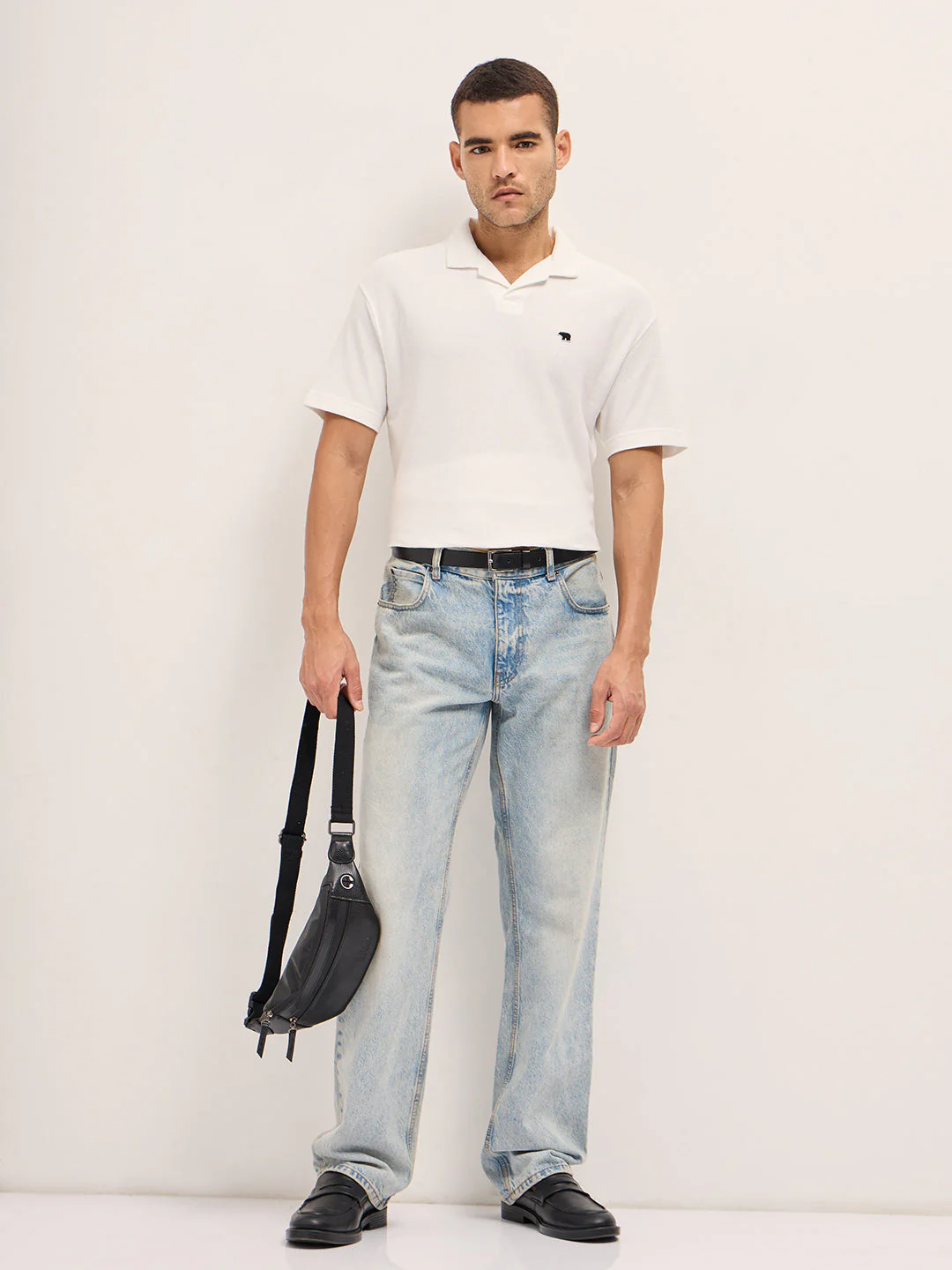Men White Textured Knit Relax Fit Polo - Image 4