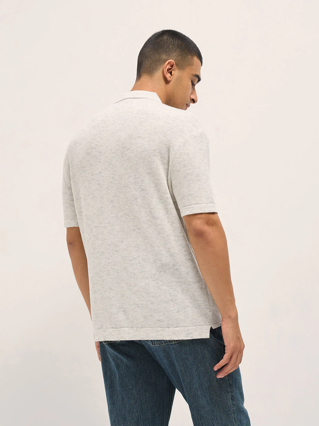 Men White Textured Knit Relaxed Fit Polo - Image 2