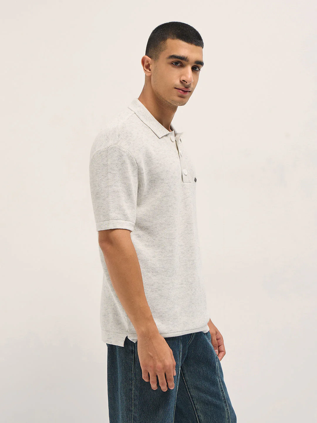 Men White Textured Knit Relaxed Fit Polo - Image 3