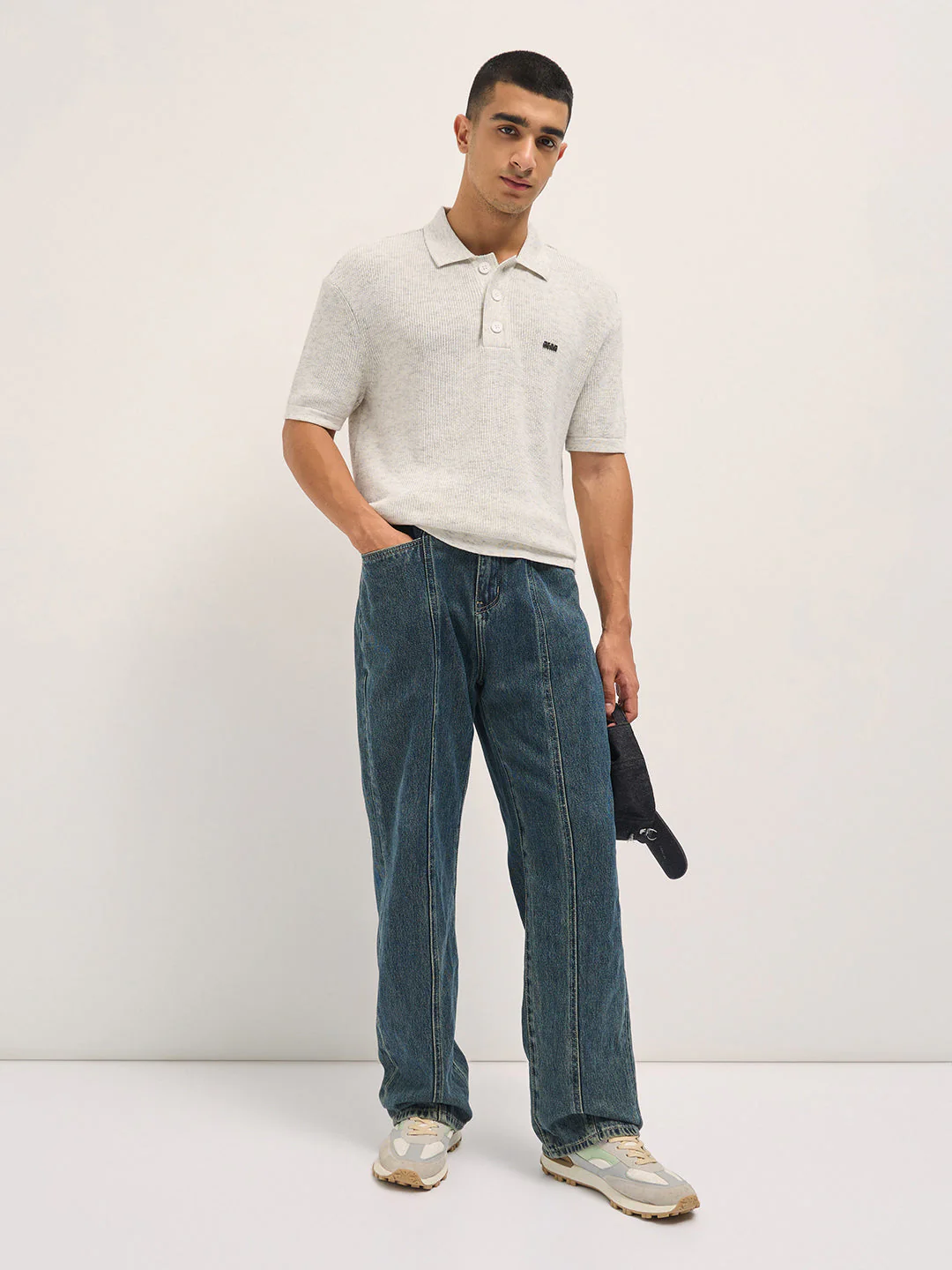 Men White Textured Knit Relaxed Fit Polo - Image 4