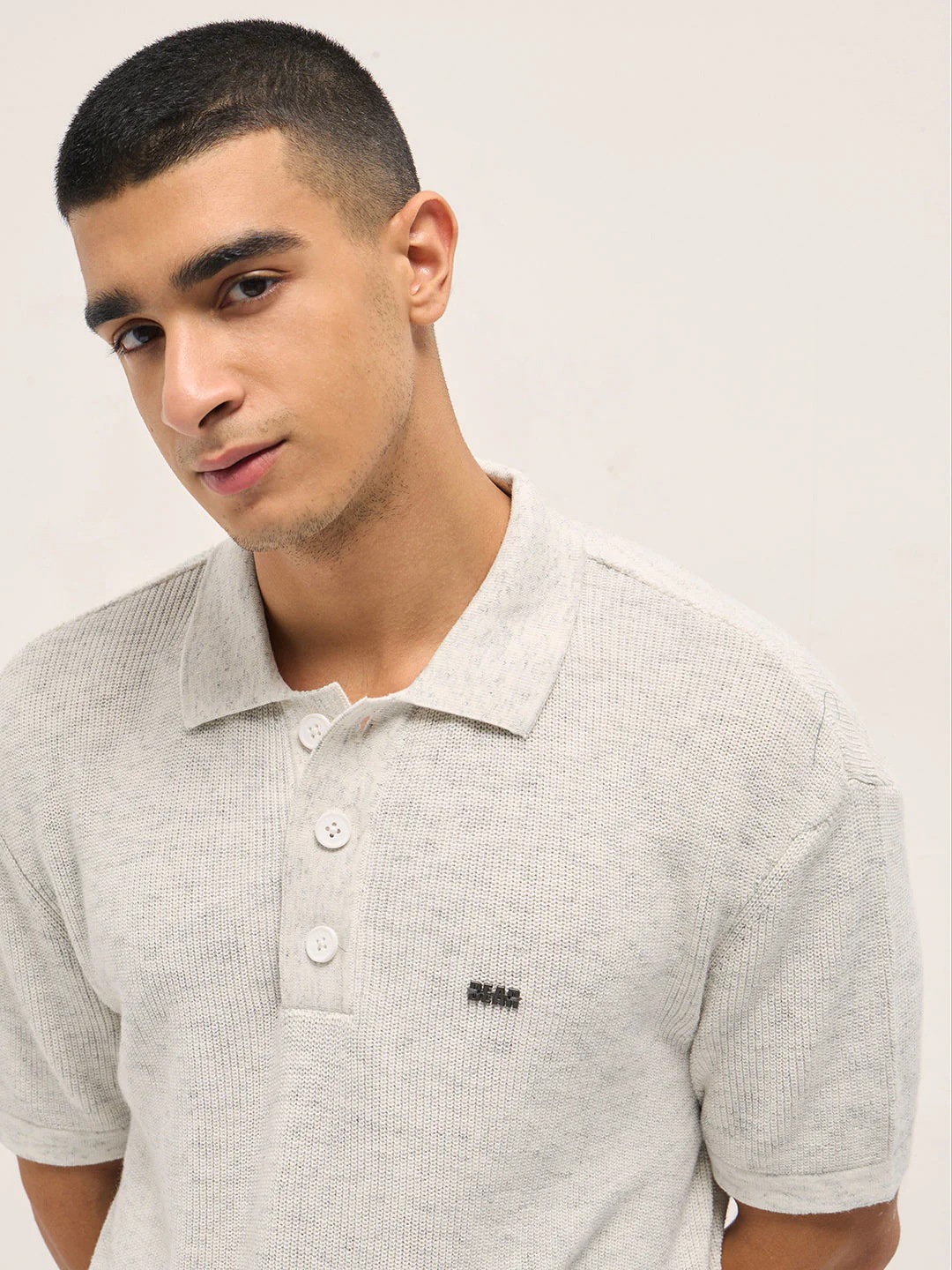 Men White Textured Knit Relaxed Fit Polo - Image 5
