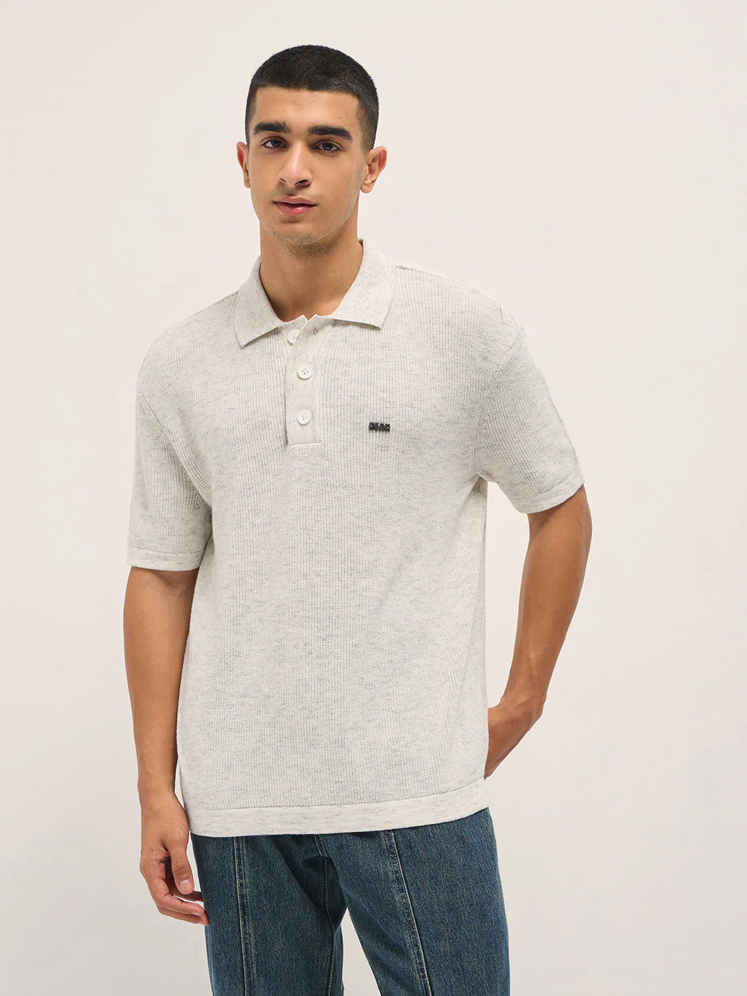 Men White Textured Knit Relaxed Fit Polo - Image 6