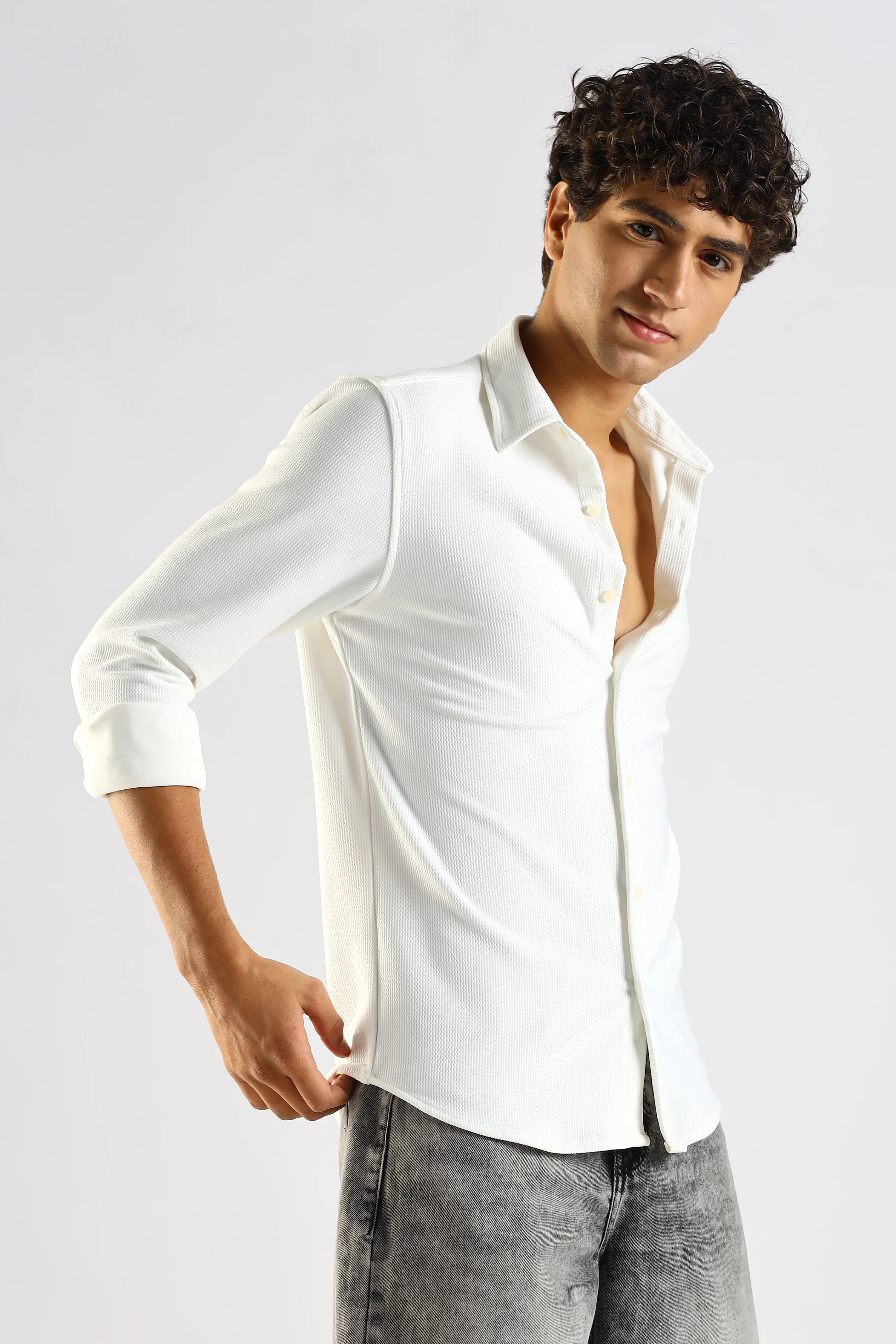 Men White Textured Spread Collar Shirt - Image 5
