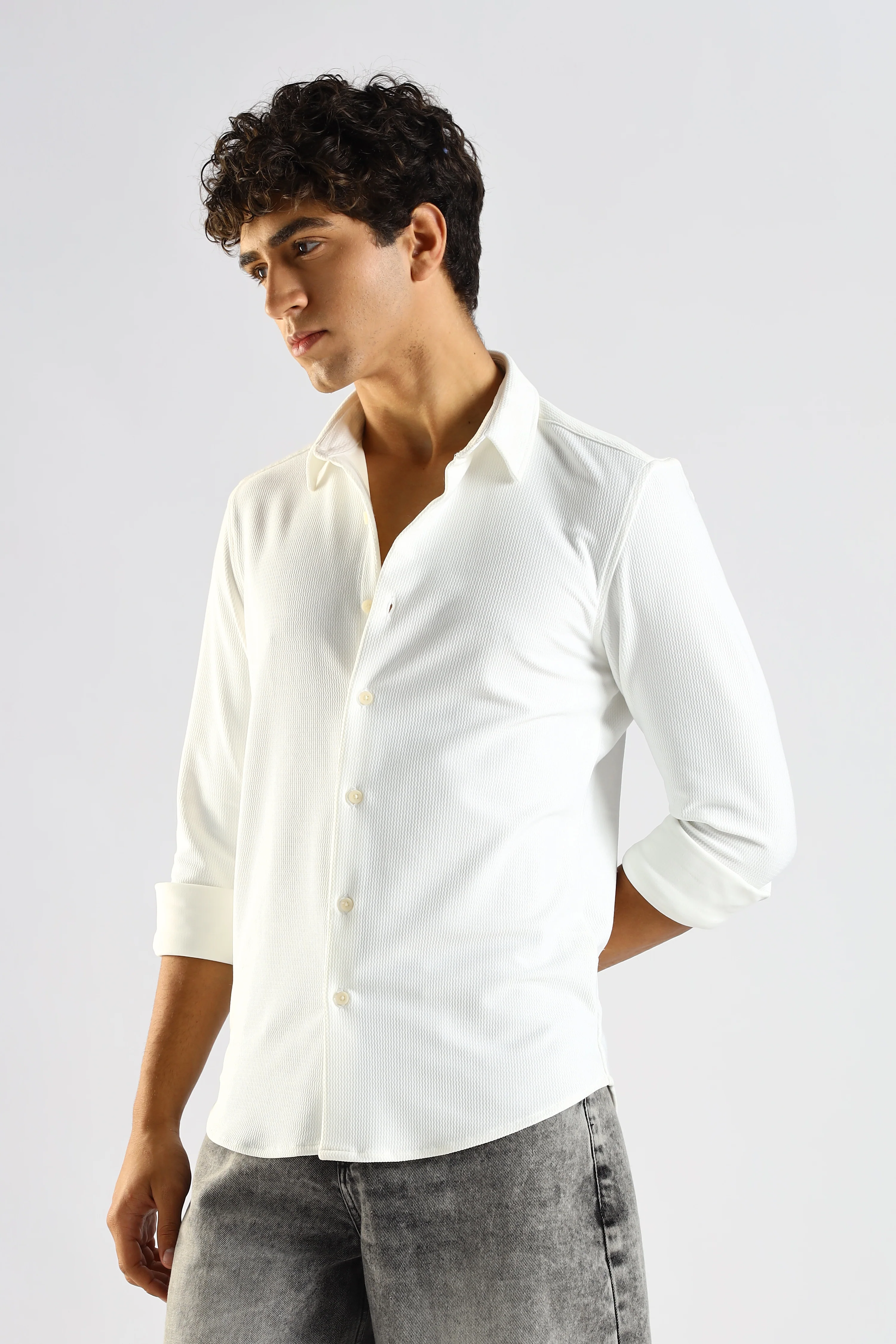 Men White Textured Spread Collar Shirt - Image 6