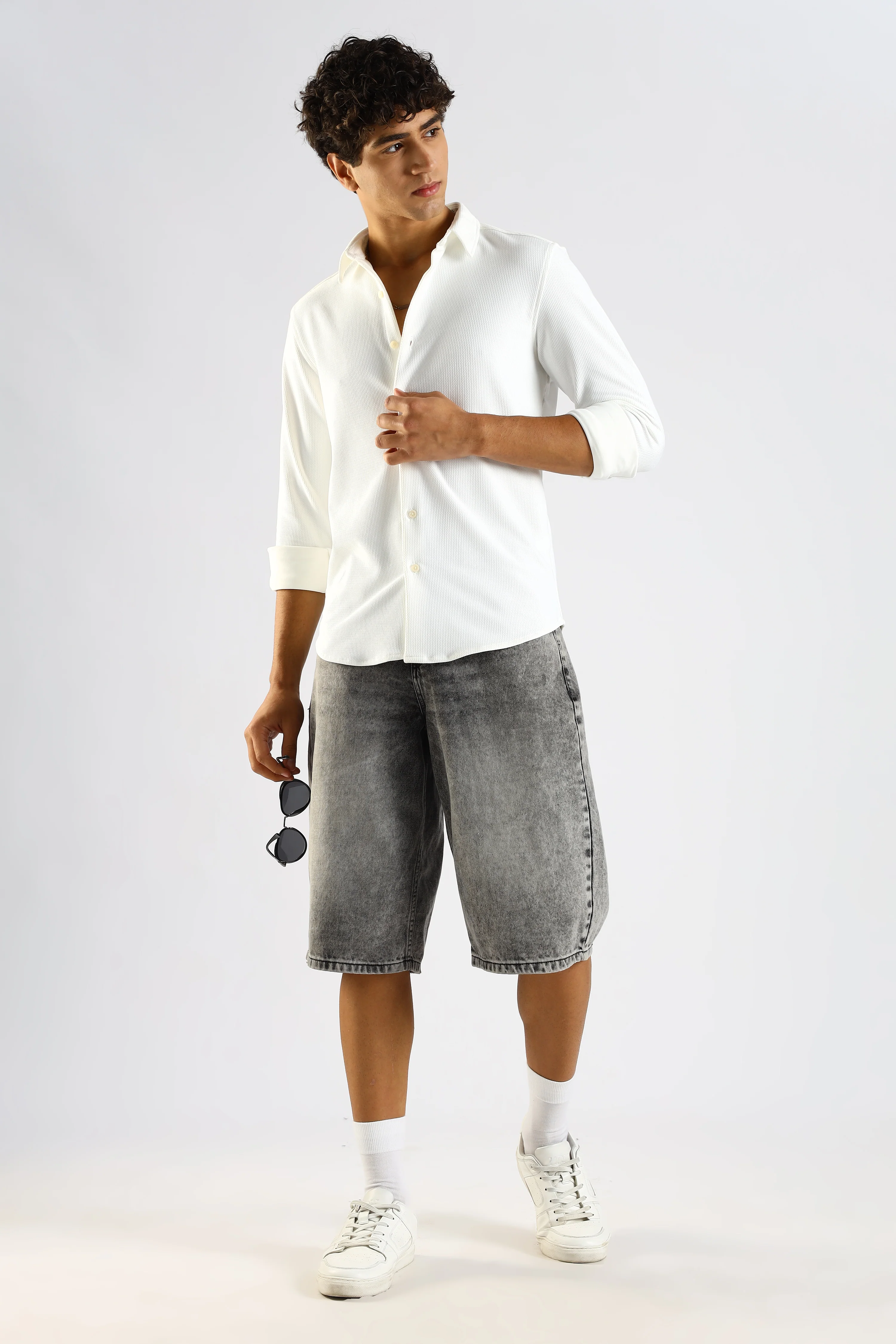 Men White Textured Spread Collar Shirt - Image 8