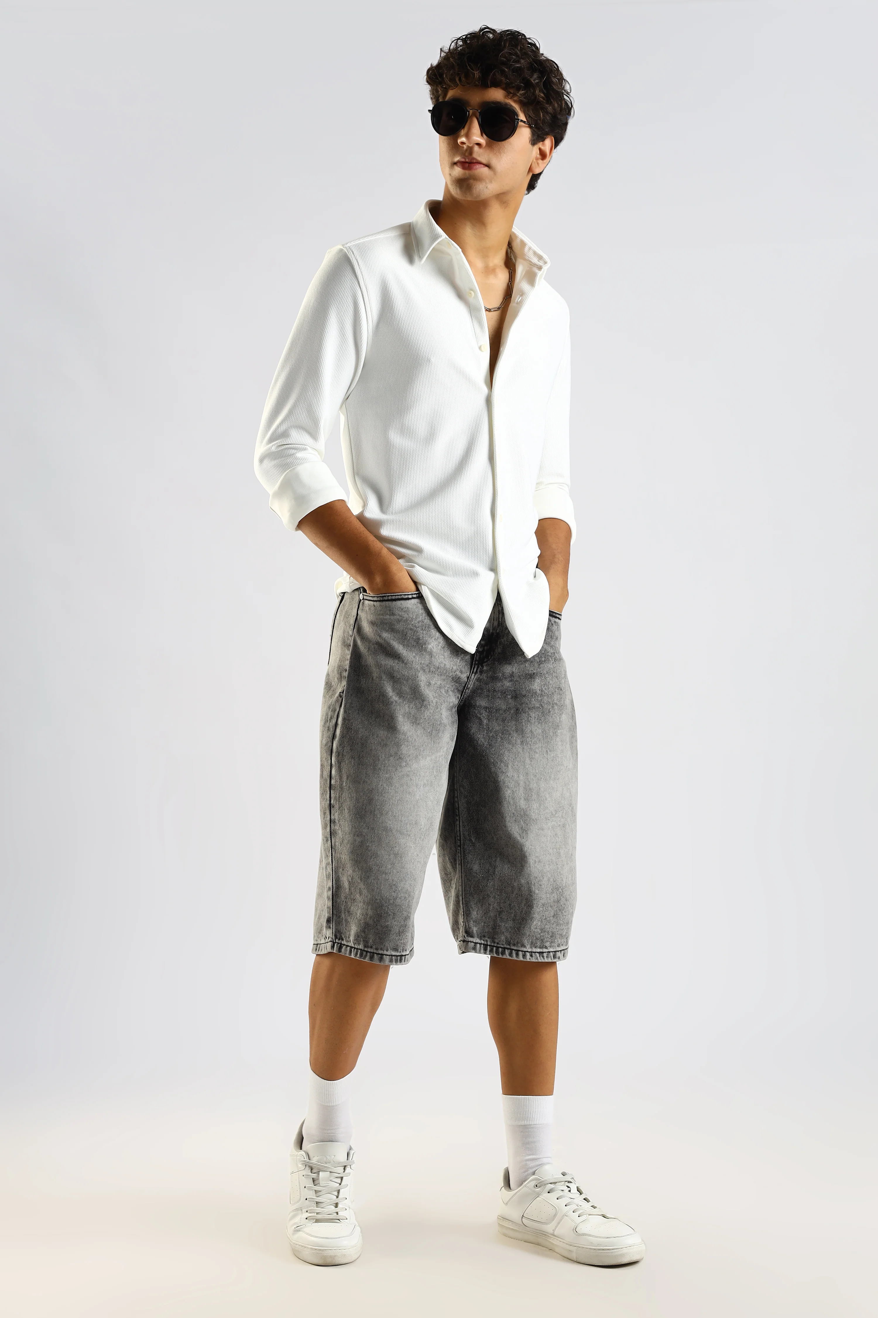 Men White Textured Spread Collar Shirt - Image 9