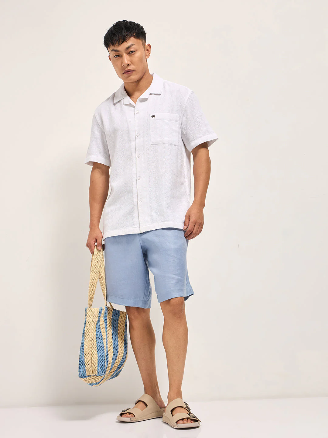 Men White Textured Striped Regular Fit Casual Shirt - Image 4