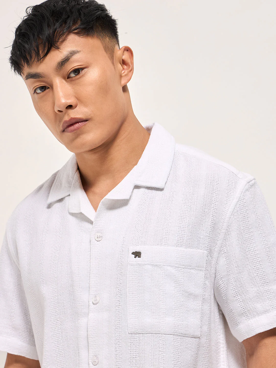 Men White Textured Striped Regular Fit Casual Shirt - Image 5