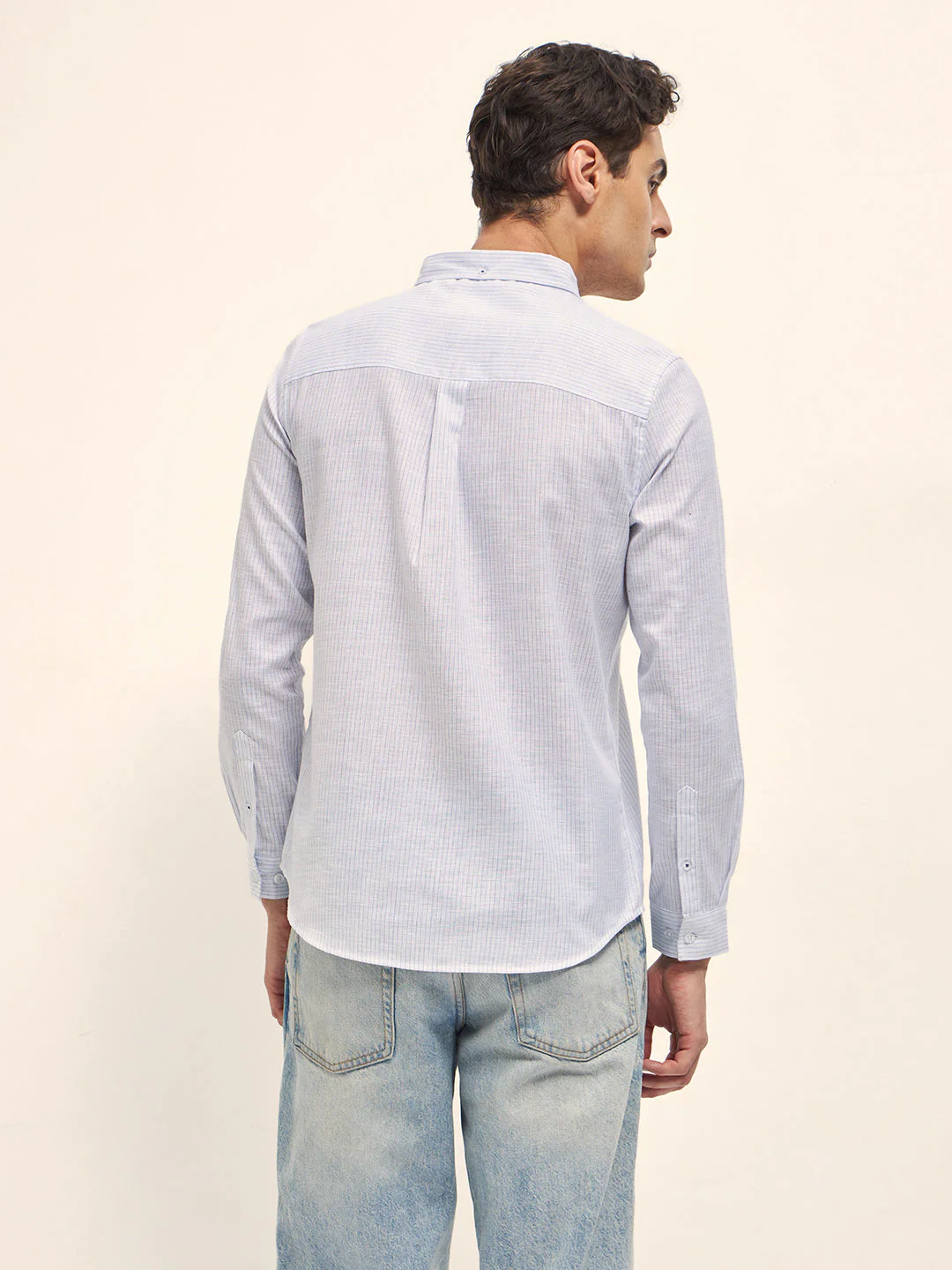 Men White Vertical Pin Stripes Slim Fit Casual Shirt - Image 2