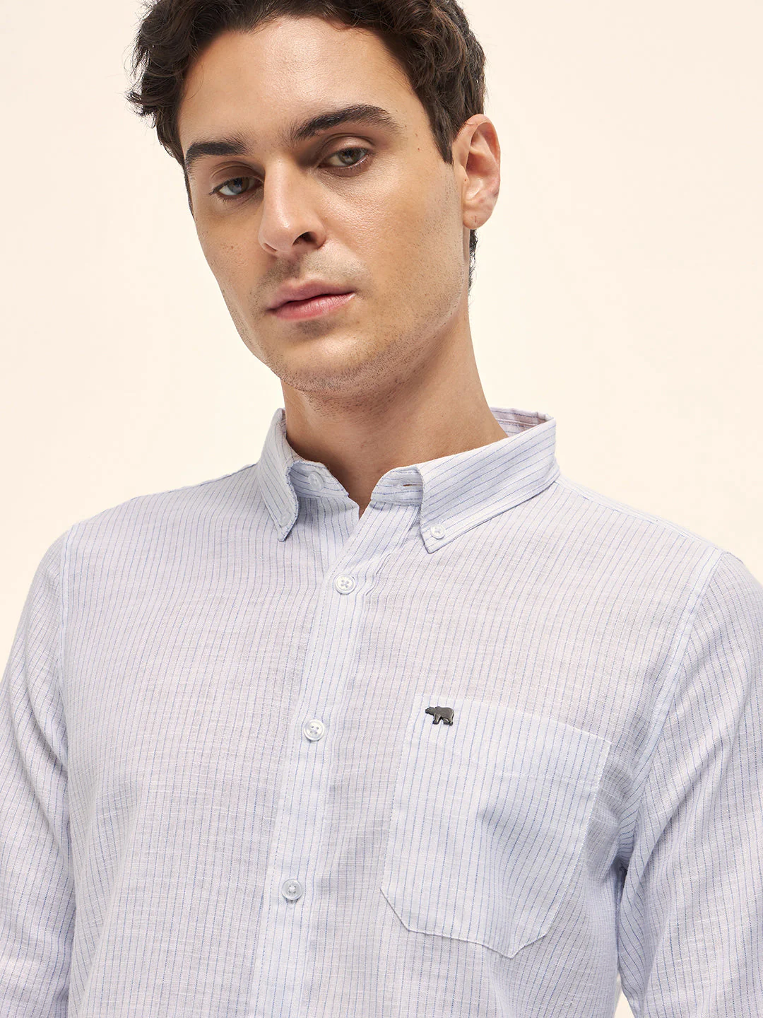 Men White Vertical Pin Stripes Slim Fit Casual Shirt - Image 5