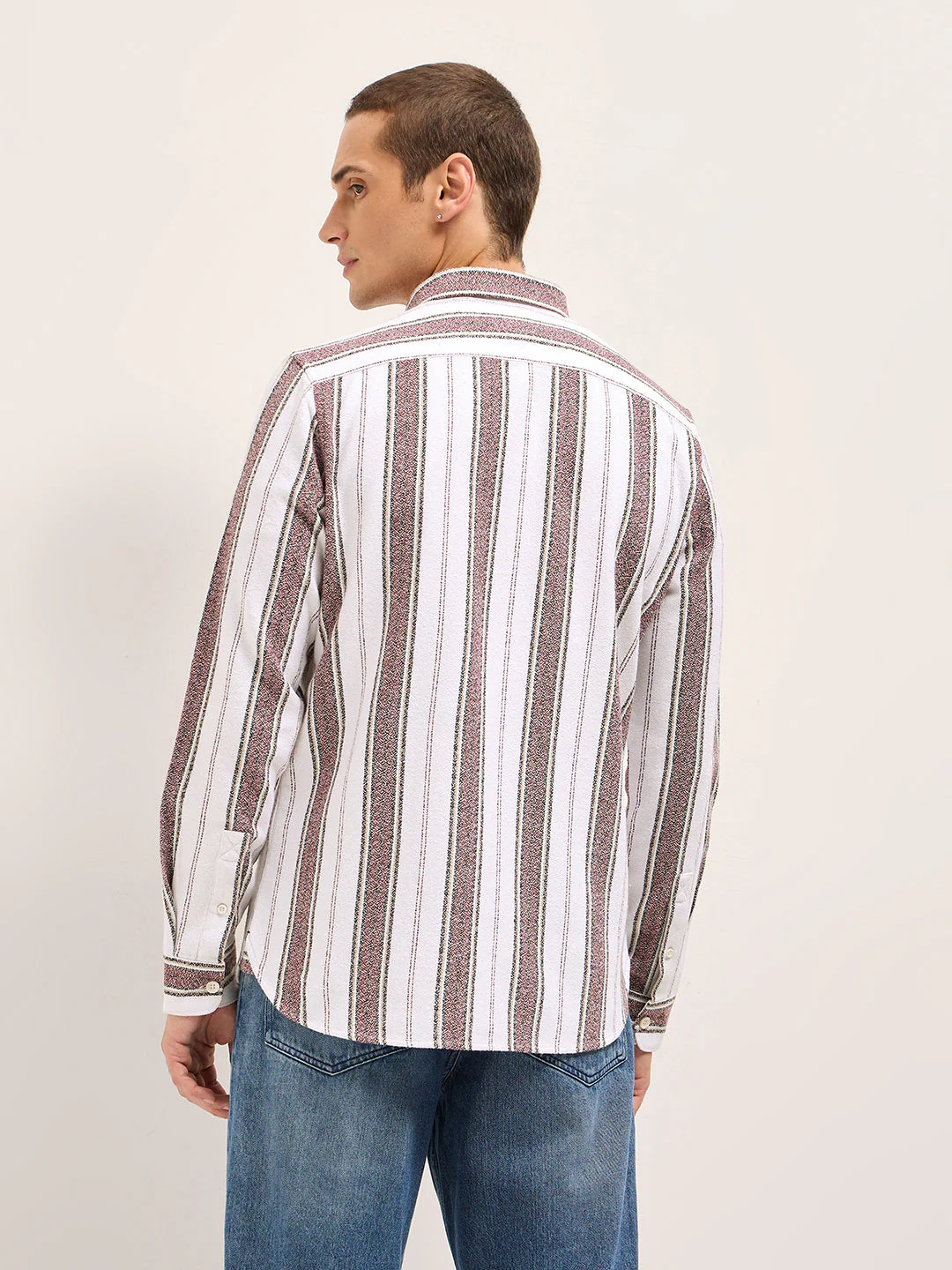 Men White Vertical Stripe Woven Flannel Slim Fit Casual Shirt - Image 2