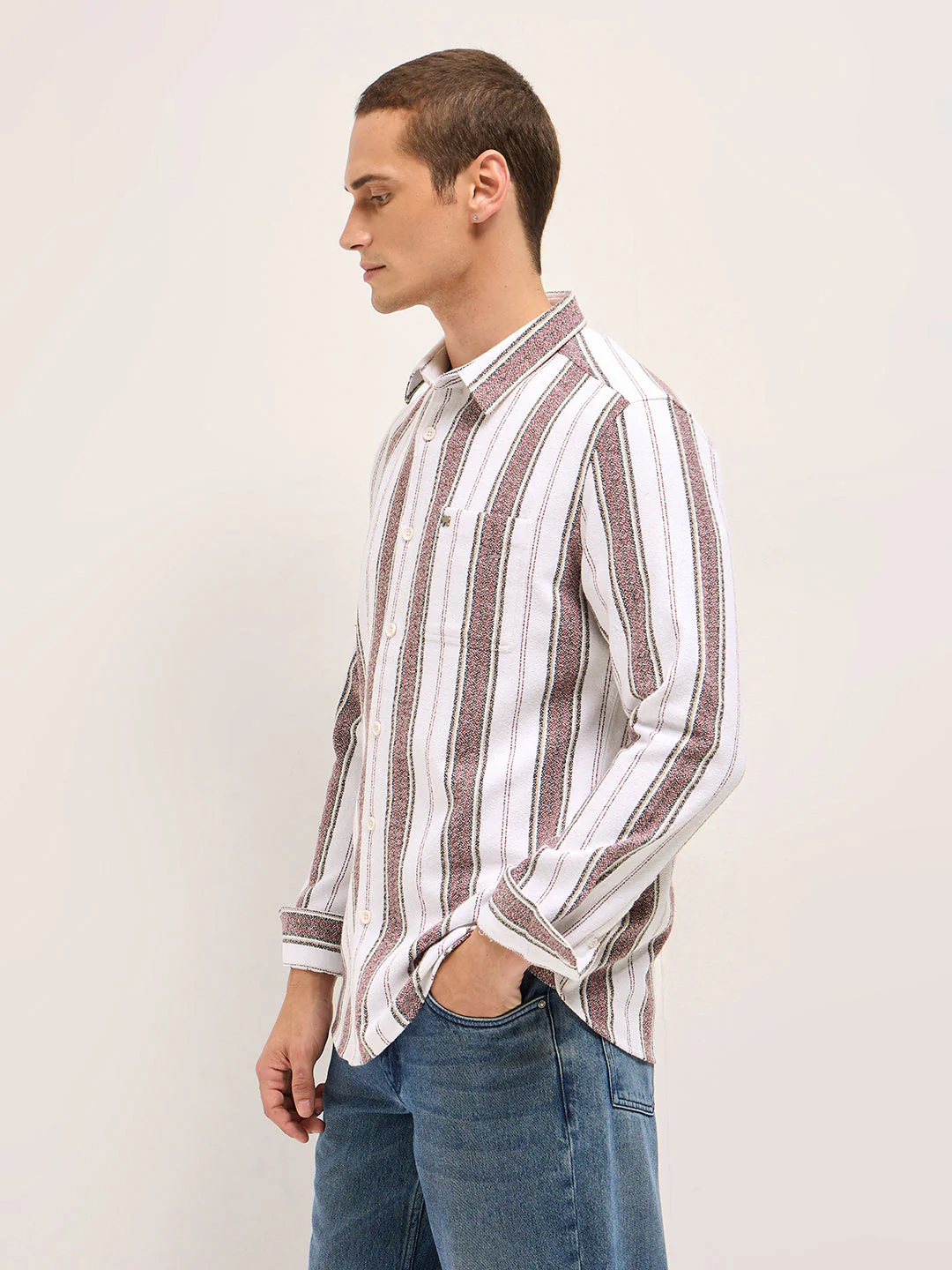 Men White Vertical Stripe Woven Flannel Slim Fit Casual Shirt - Image 3
